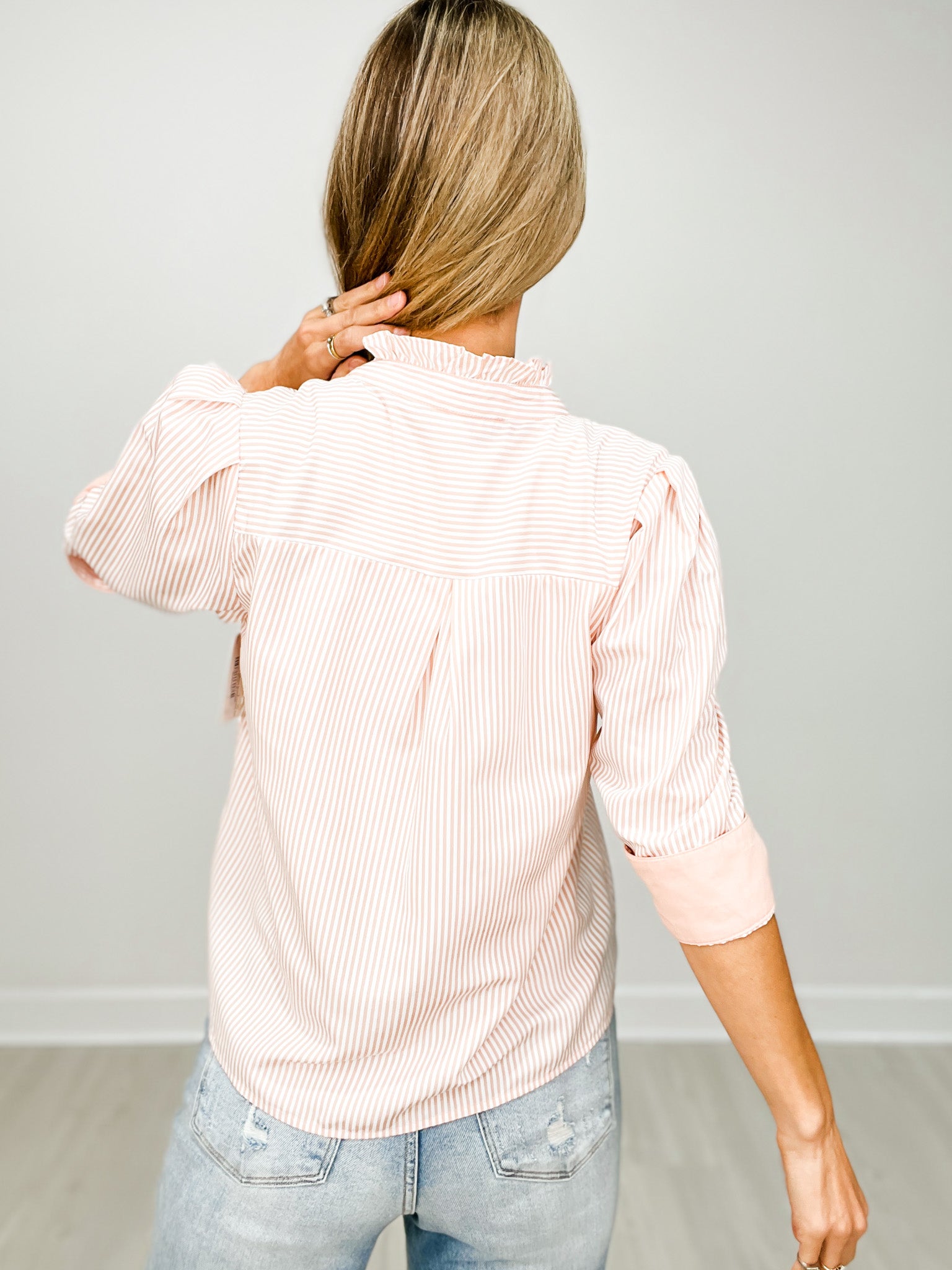 Striped 3/4 Tucked Sleeve Button-Down Top