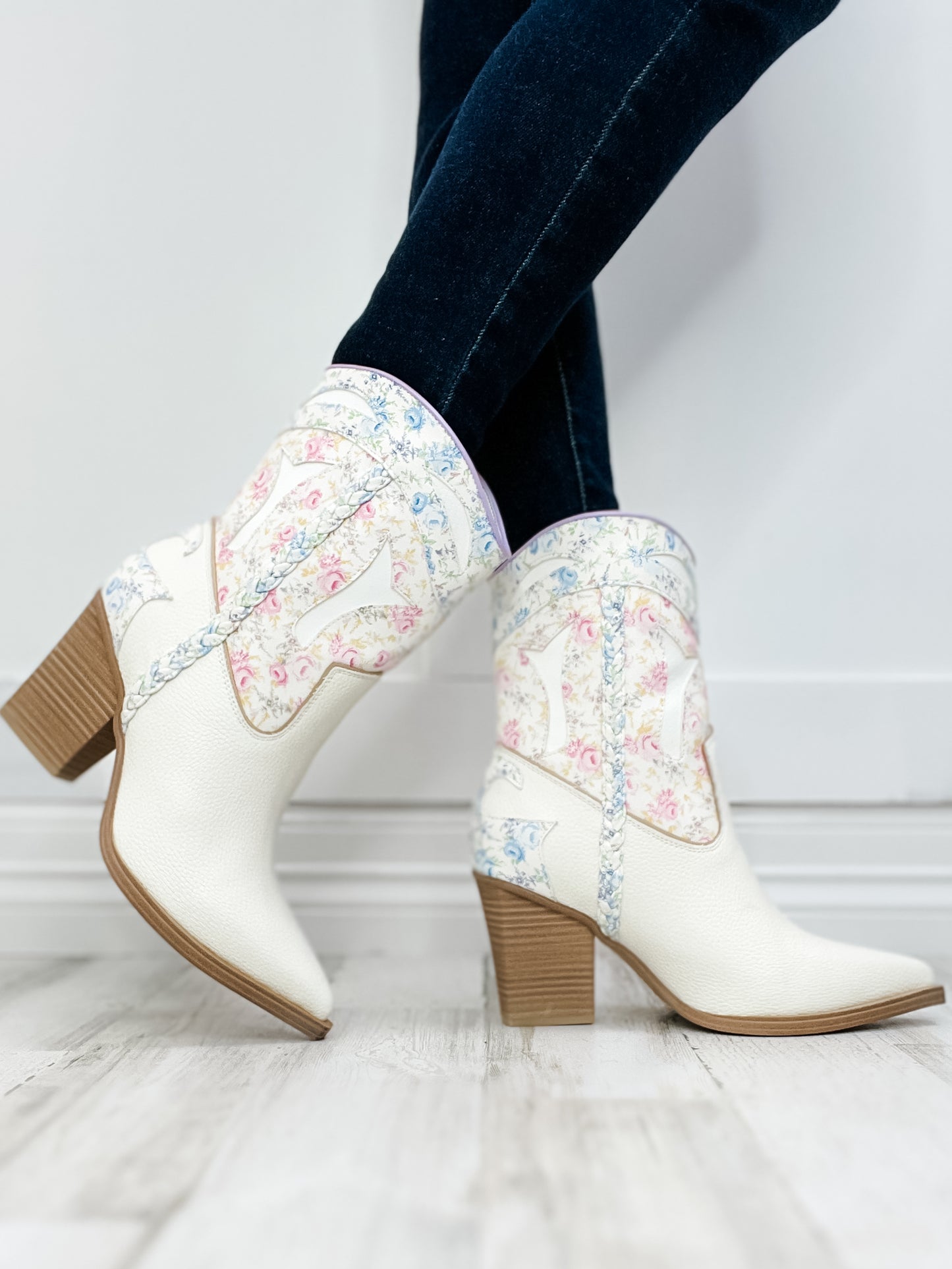 MIA Wenda Booties in White Floral with Square Heel