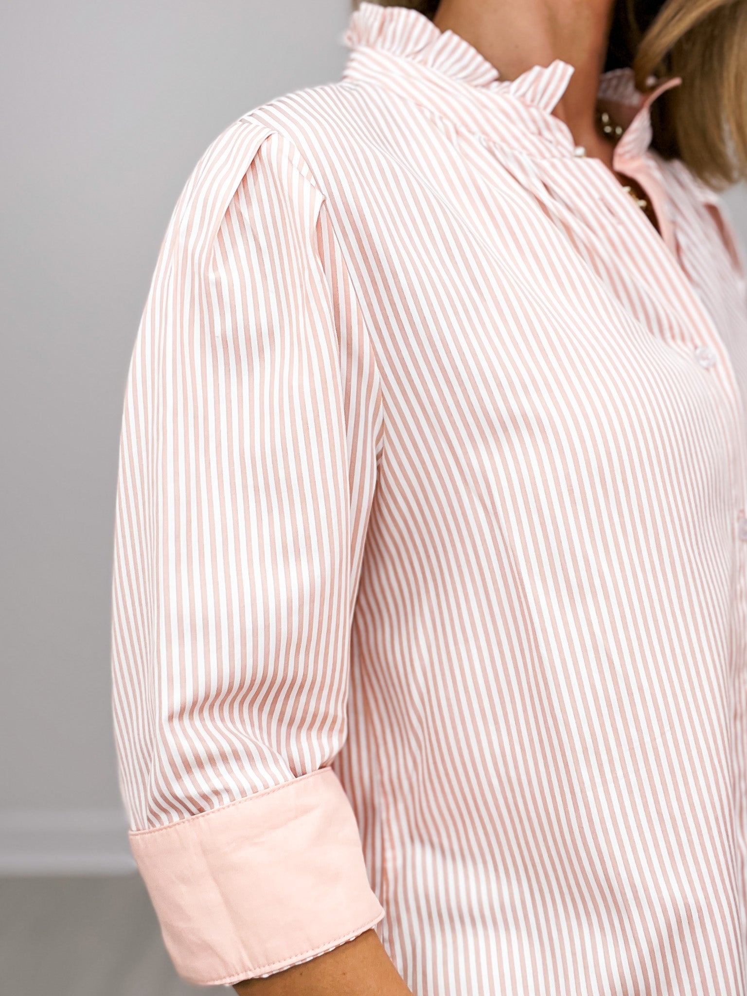 Striped 3/4 Tucked Sleeve Button-Down Top