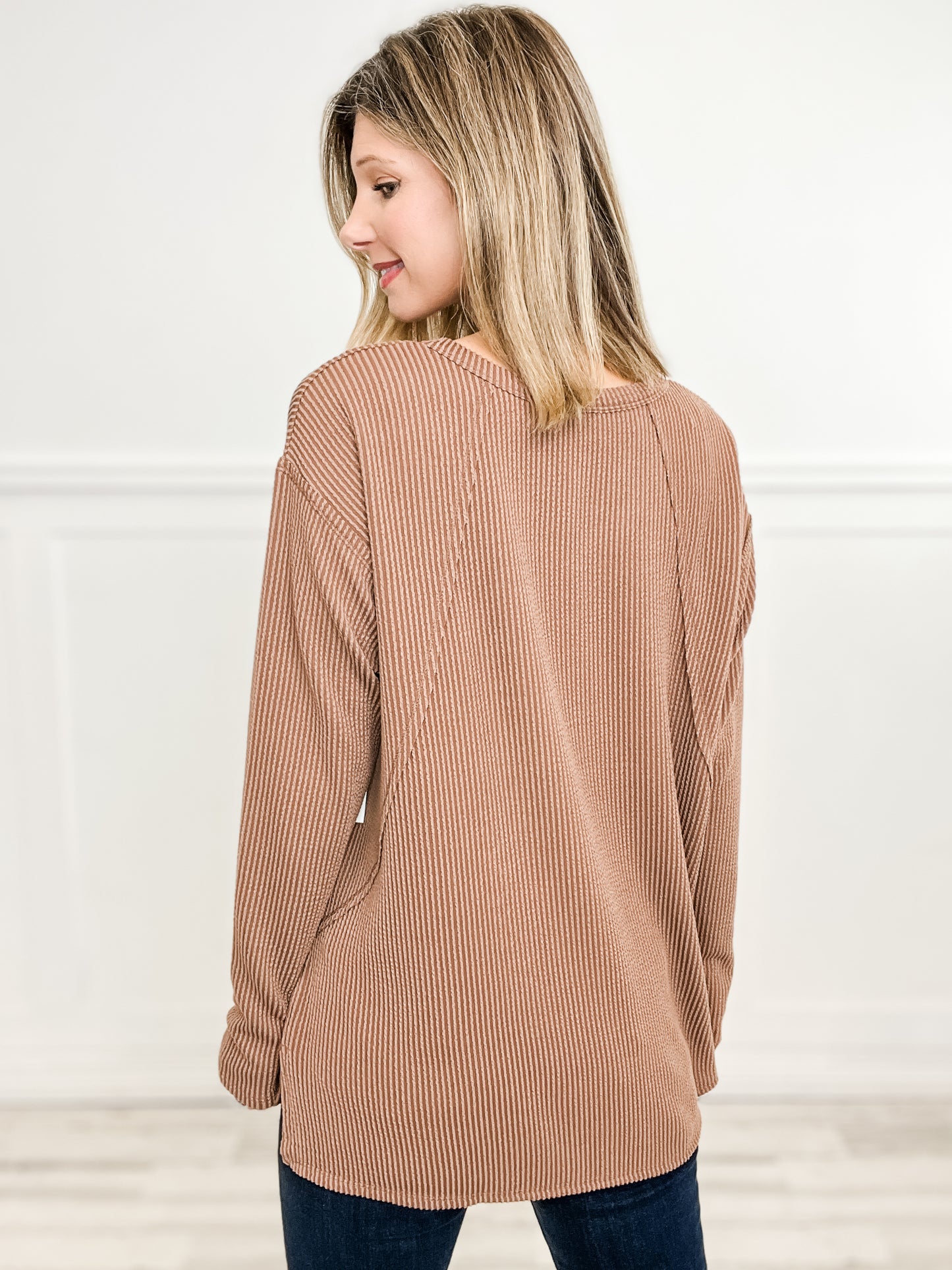 Long Sleeve Curly Rib Fabric V-Neck Top - Group B