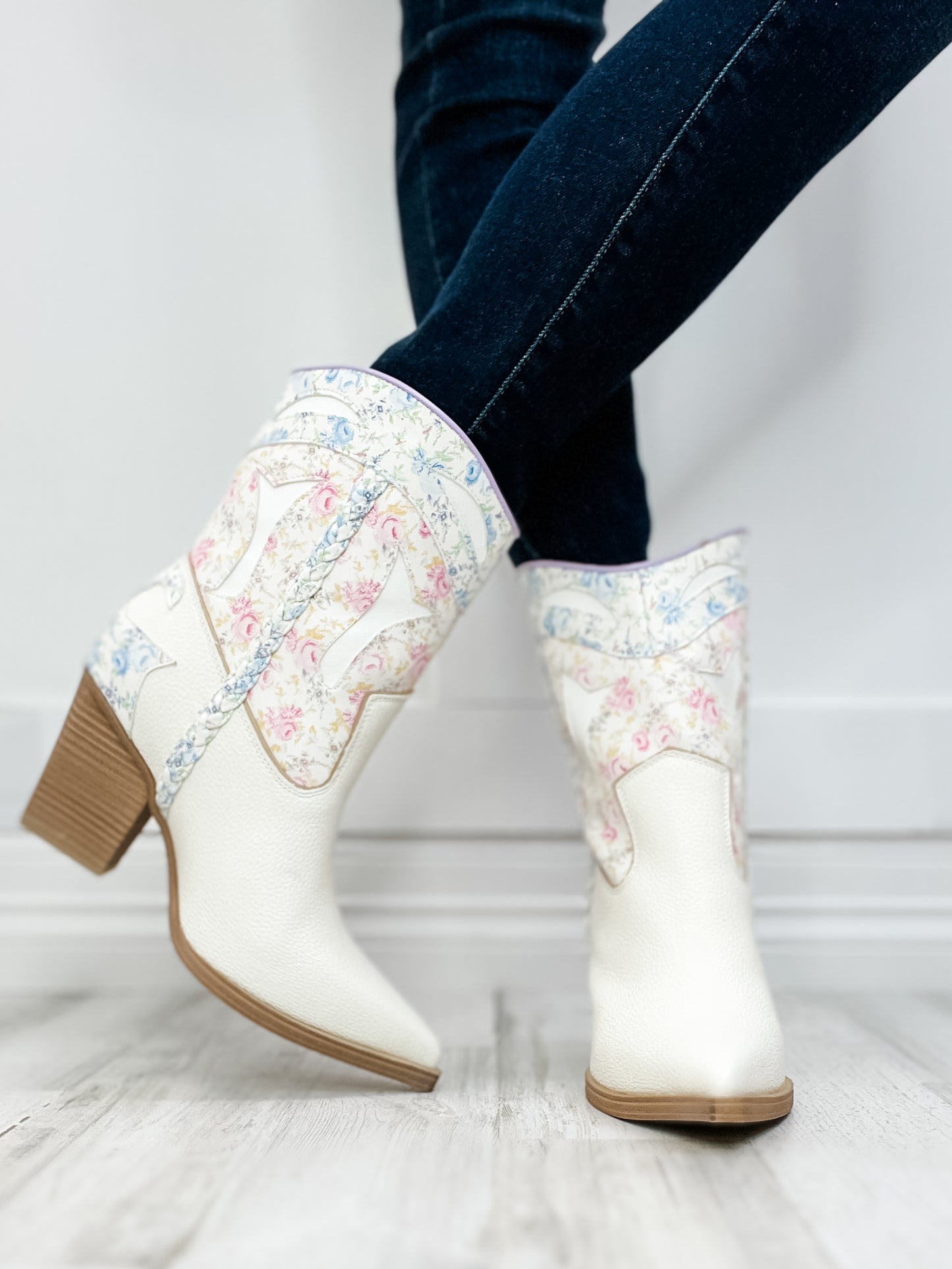 MIA Wenda Booties in White Floral with Square Heel