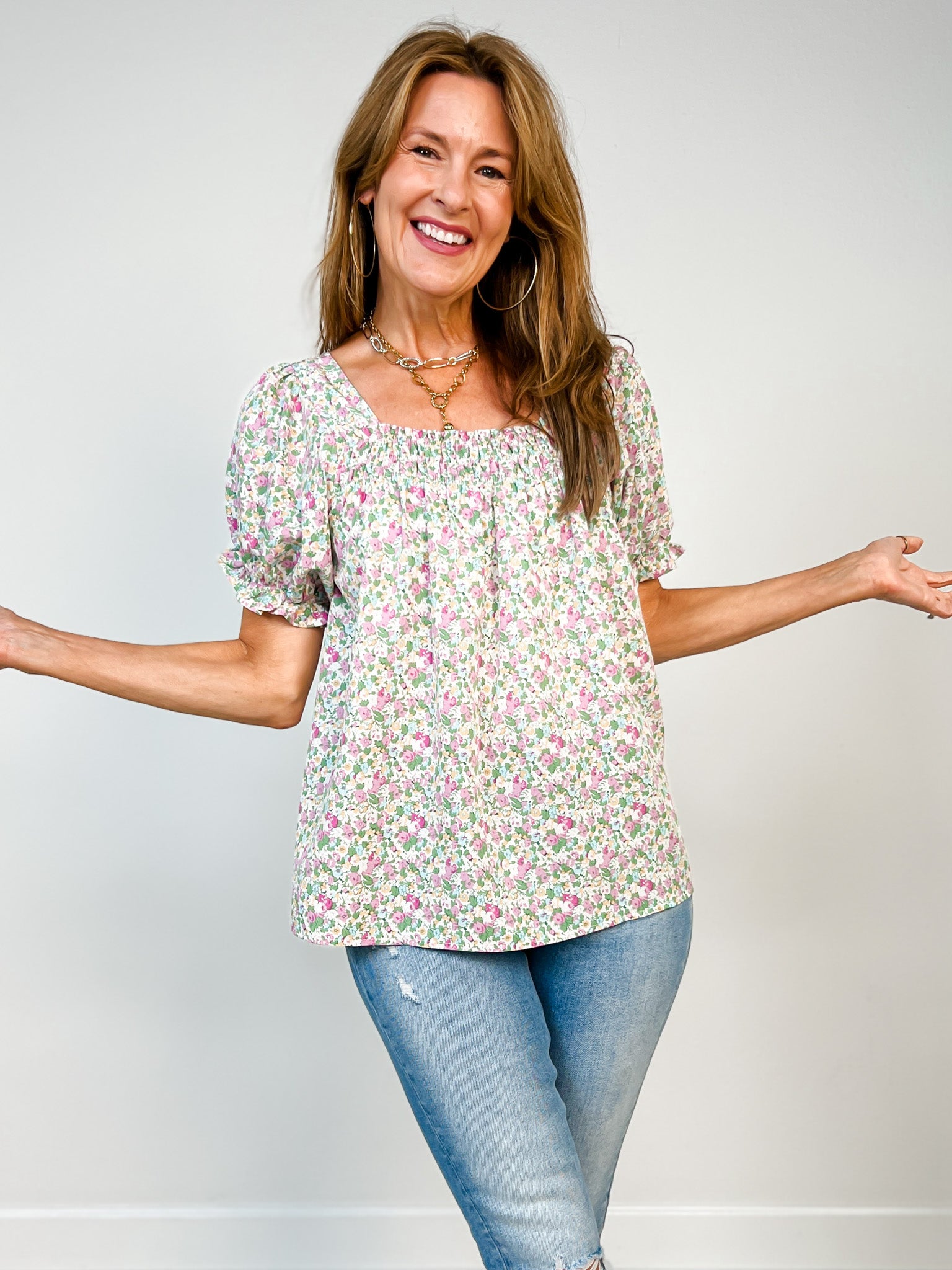 Smocked Floral Print Top