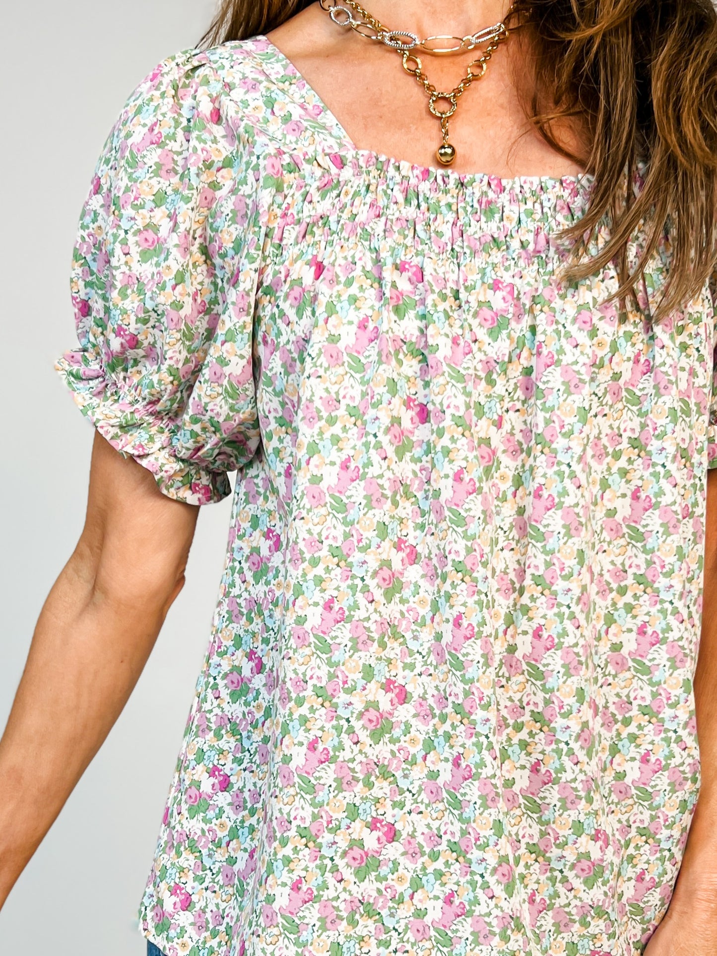 Smocked Floral Print Top