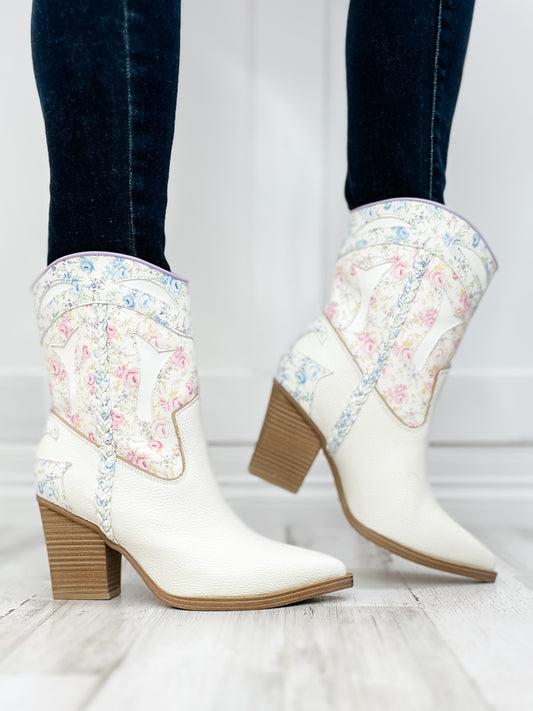 MIA Wenda Booties in White Floral with Square Heel