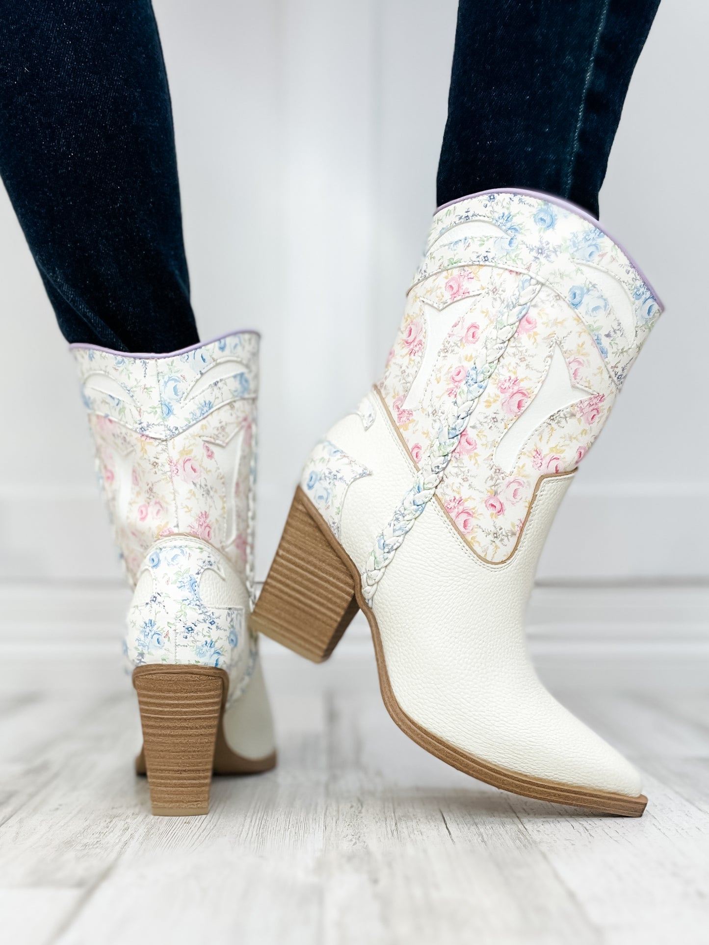 MIA Wenda Booties in White Floral with Square Heel