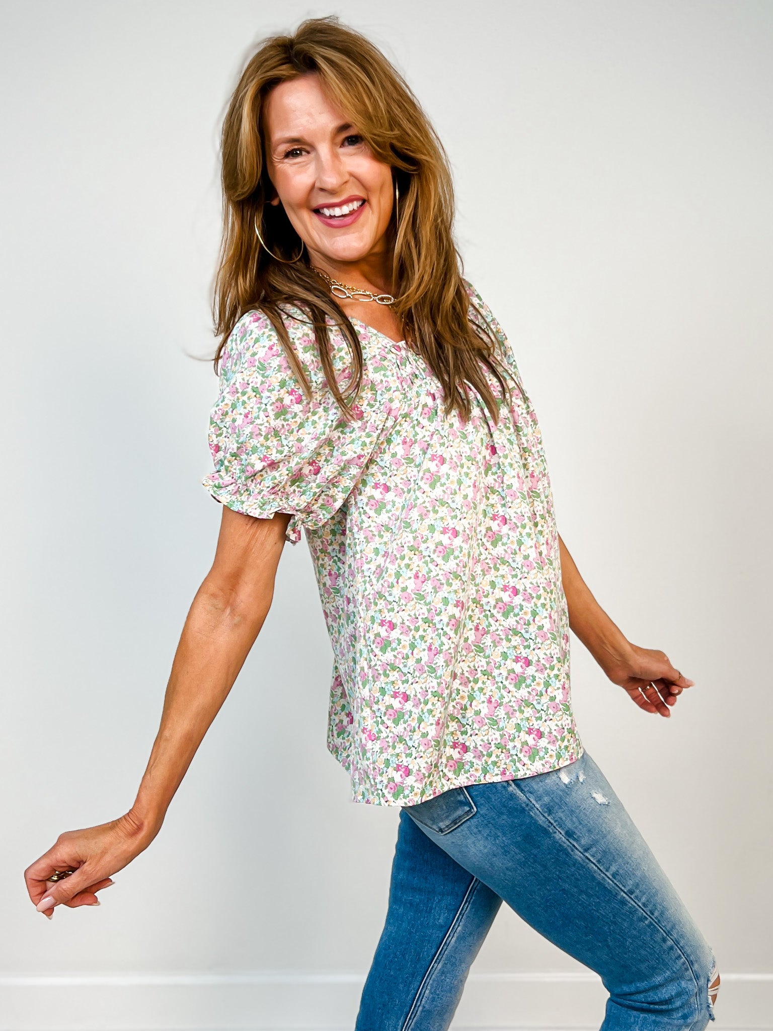 Smocked Floral Print Top