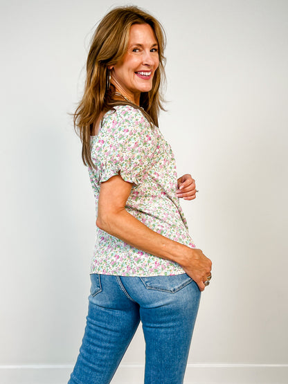 Smocked Floral Print Top