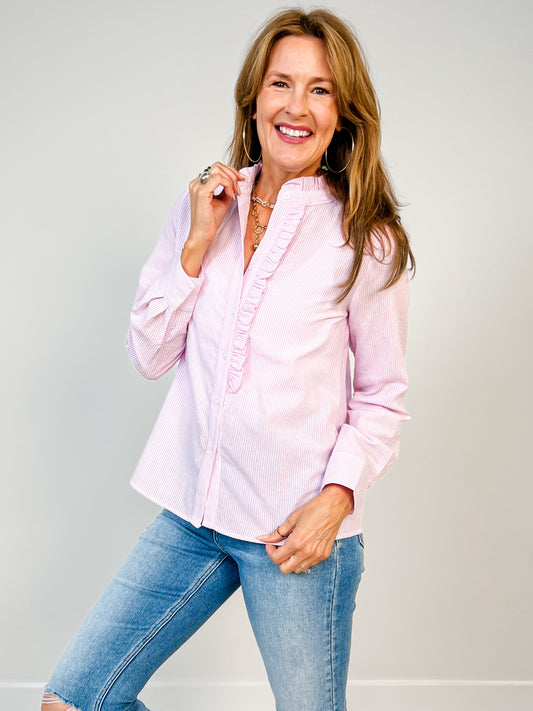 Frill Neck Pinstriped Shirt