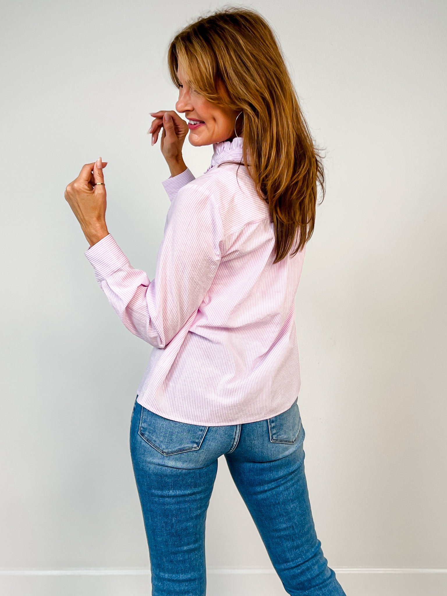 Frill Neck Pinstriped Shirt