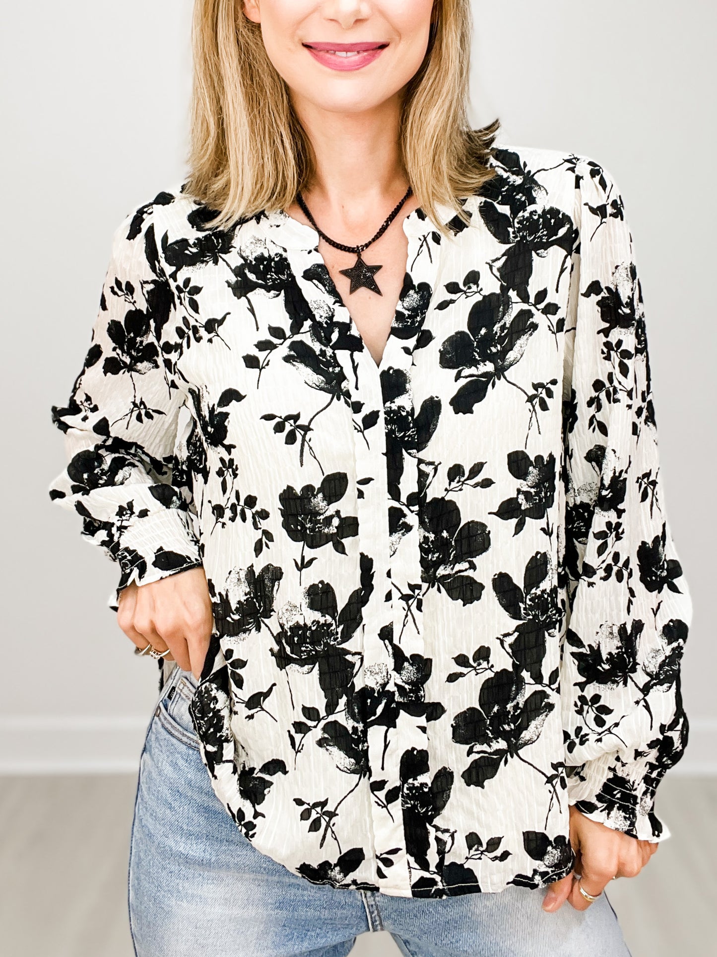 Floral Print Slit Neck Long Poet Sleeve Top