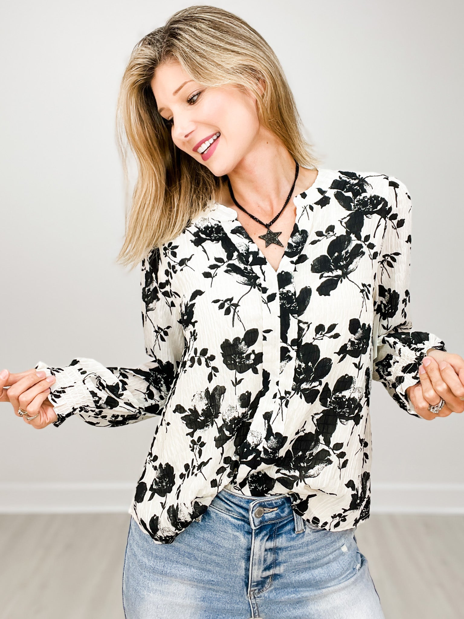 Floral Print Slit Neck Long Poet Sleeve Top
