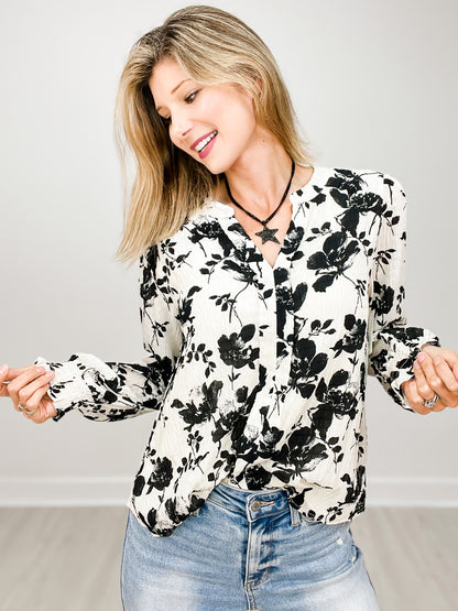 Floral Print Slit Neck Long Poet Sleeve Top