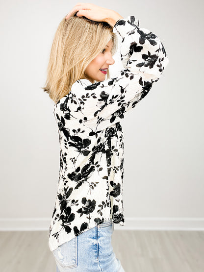 Floral Print Slit Neck Long Poet Sleeve Top