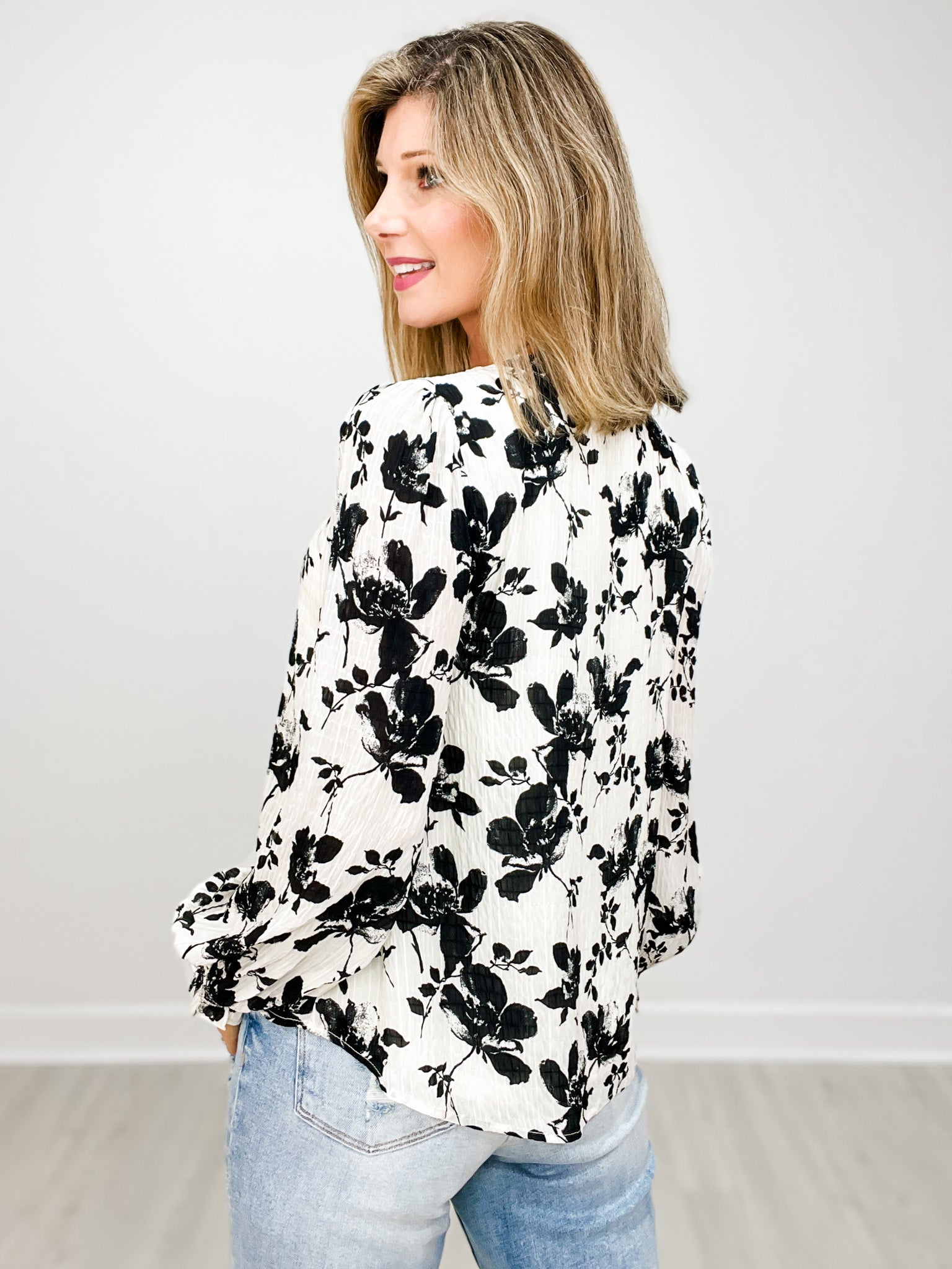 Floral Print Slit Neck Long Poet Sleeve Top