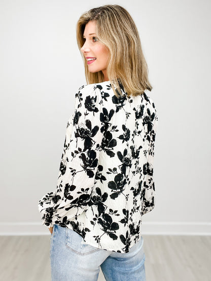 Floral Print Slit Neck Long Poet Sleeve Top