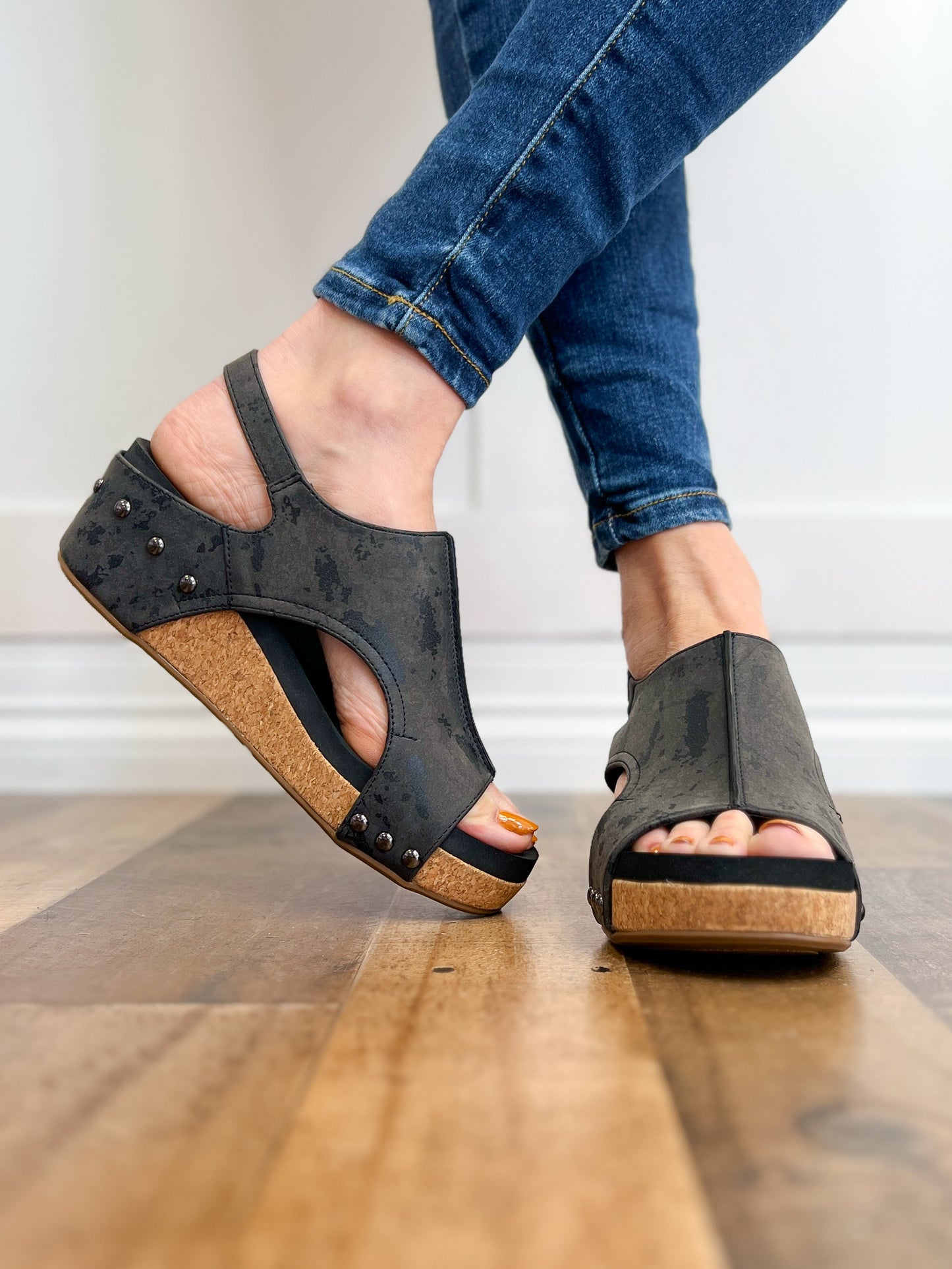 Corkys Volta II Wedge Sandals in Black Metallic