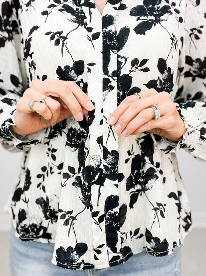 Floral Print Slit Neck Long Poet Sleeve Top