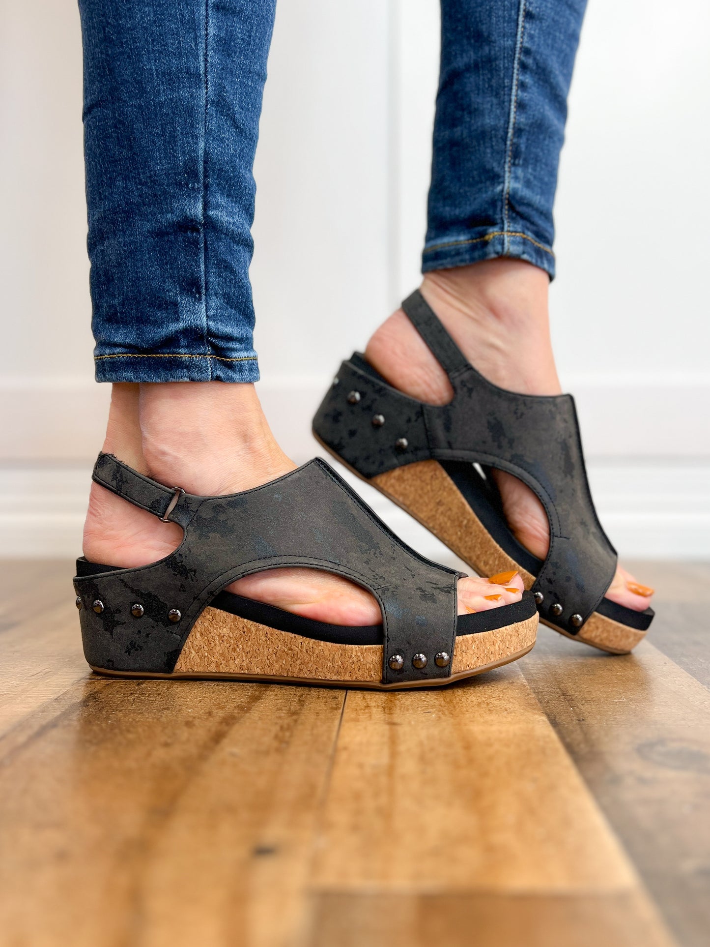 Corkys Volta II Wedge Sandals in Black Metallic