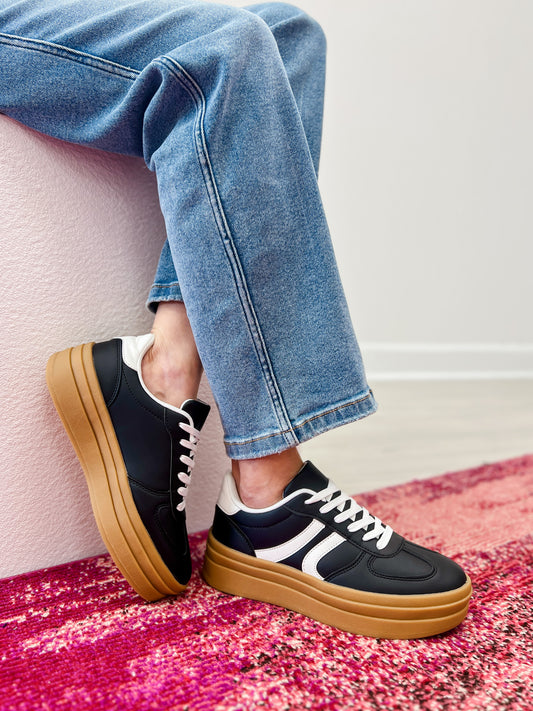 Semi Platform Double Stripe Low Sneakers in Black/White