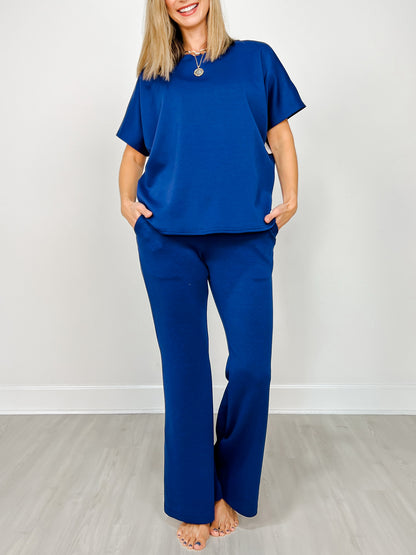 Paris Short Sleeve Top with Wide Leg Pants Set in NAVY