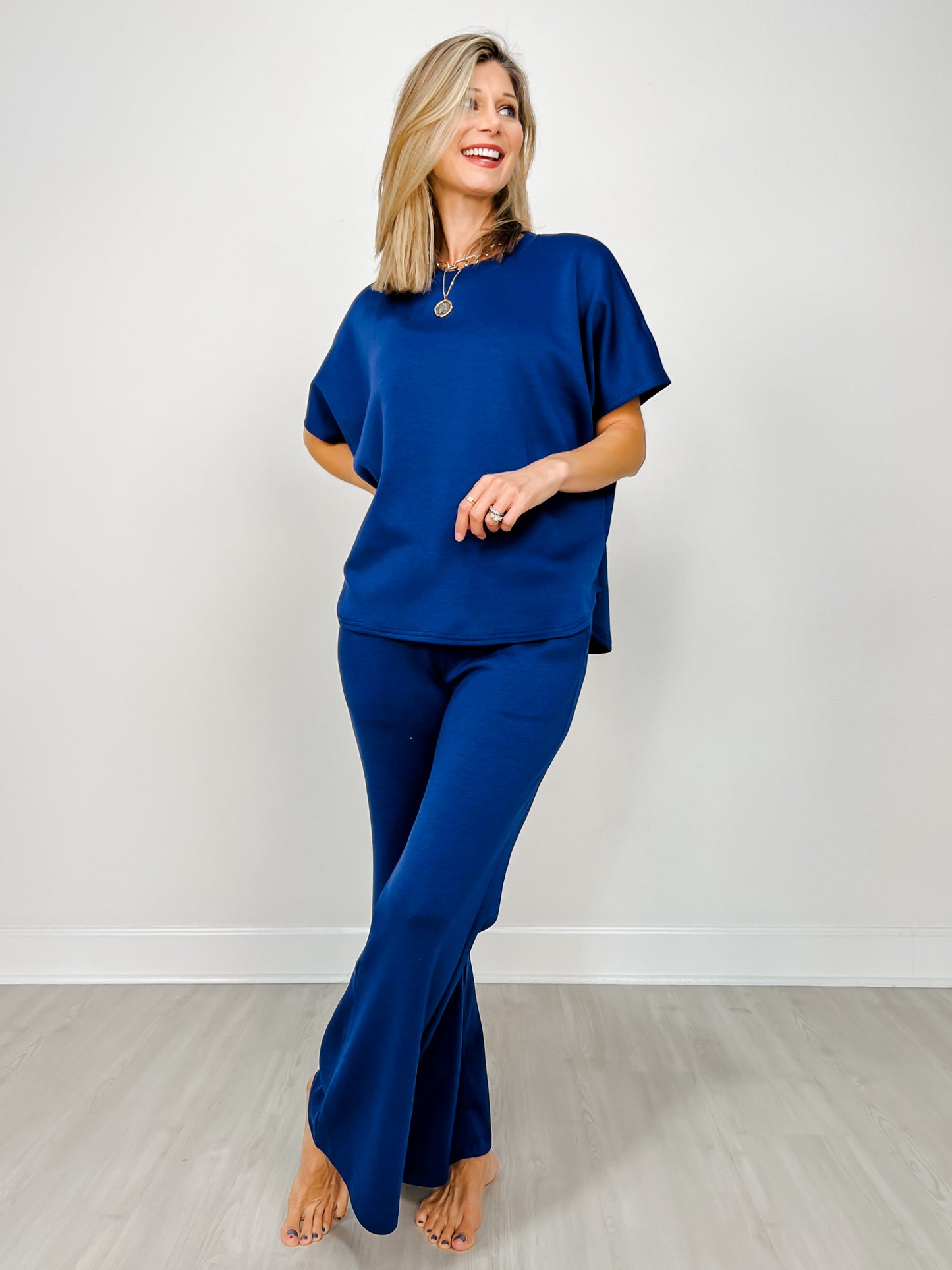 Paris Short Sleeve Top with Wide Leg Pants Set in NAVY