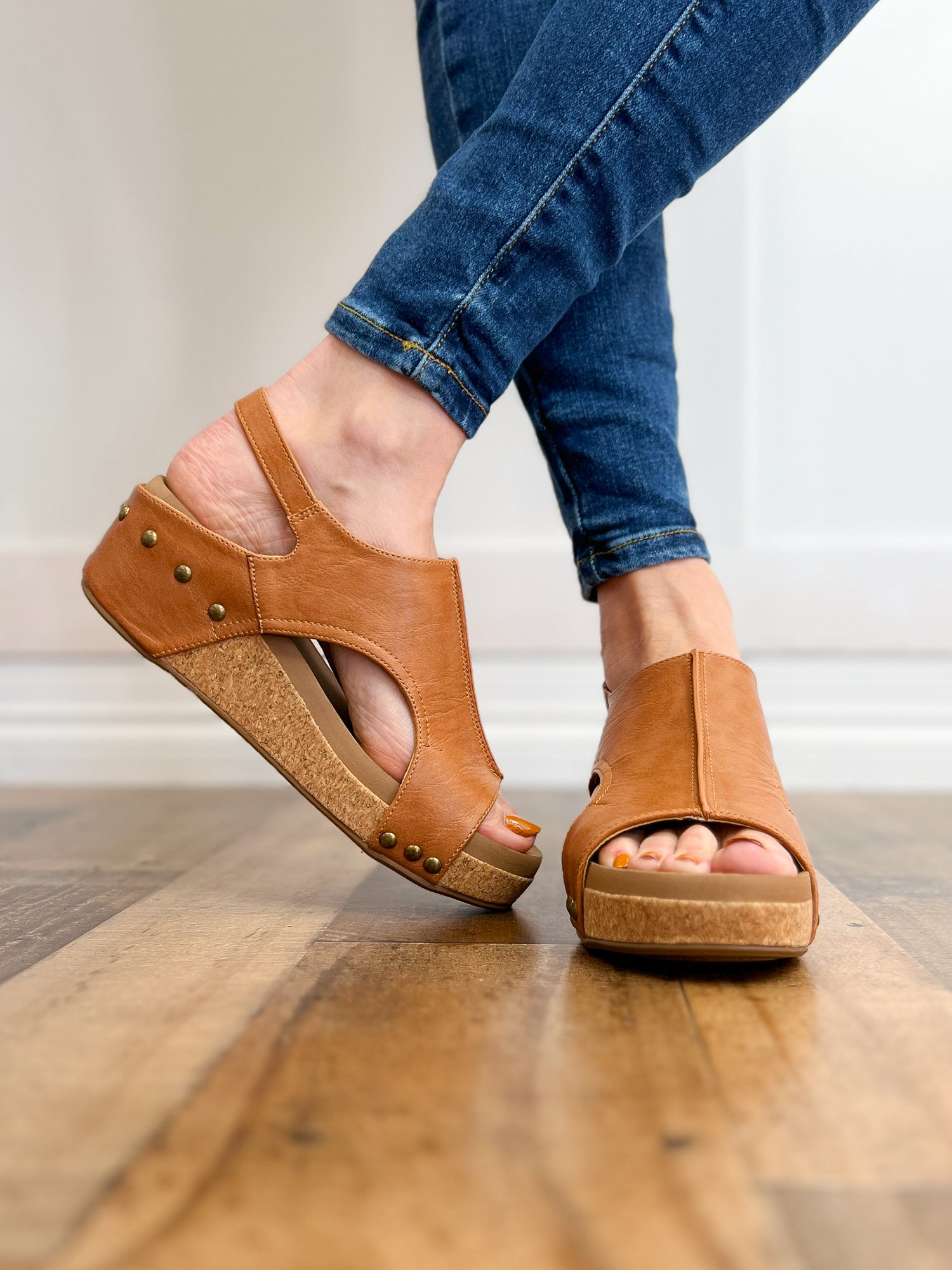 Corkys Volta II Wedge Sandals in Cognac Smooth