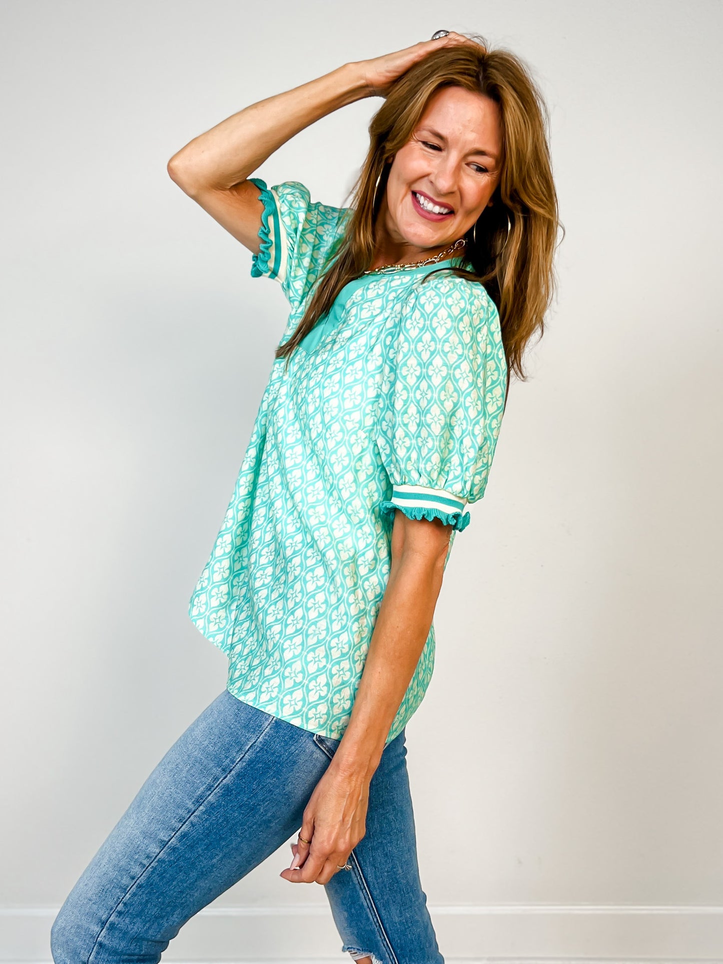 Puff Sleeve Geo Knit Top