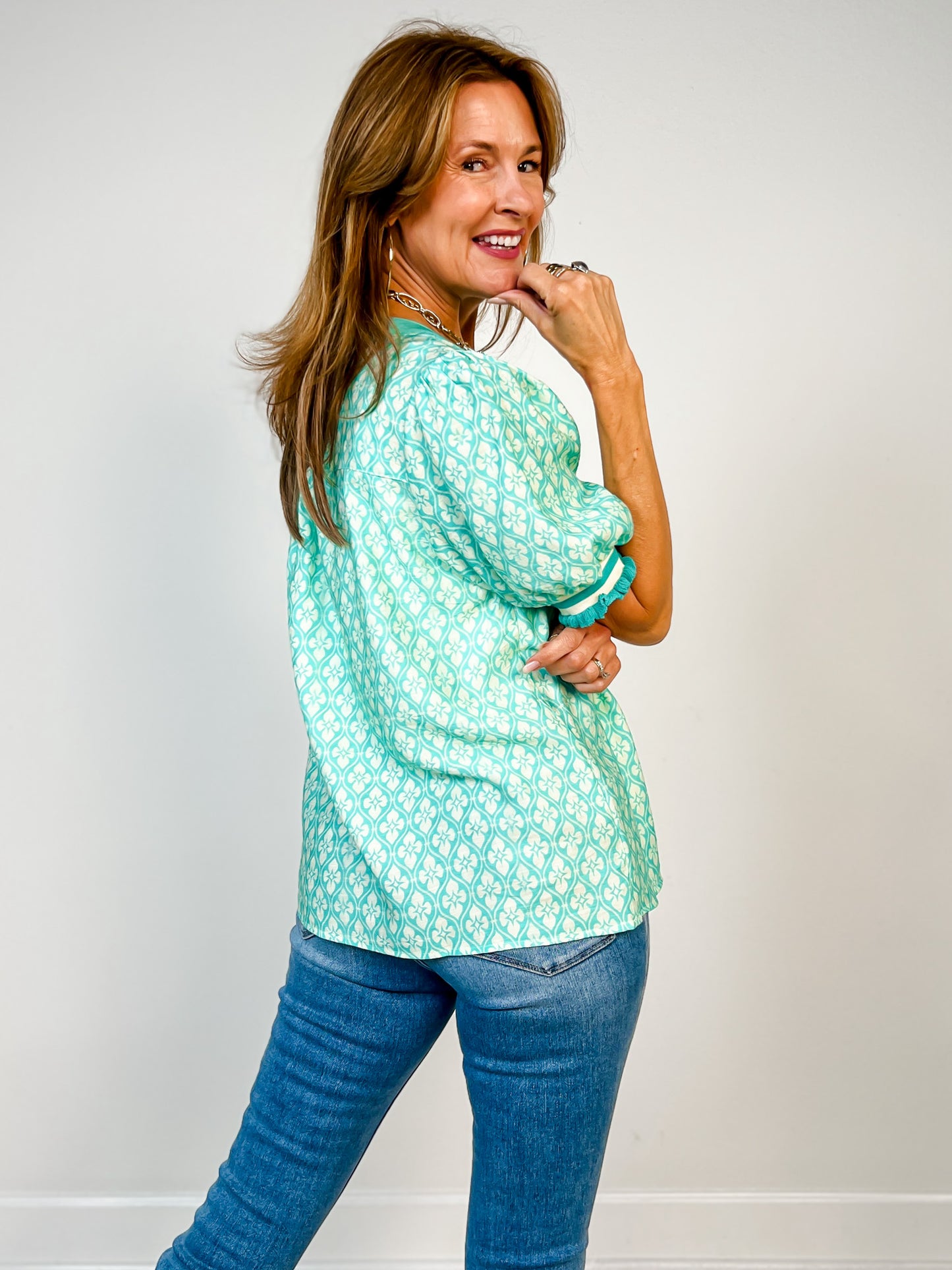 Puff Sleeve Geo Knit Top