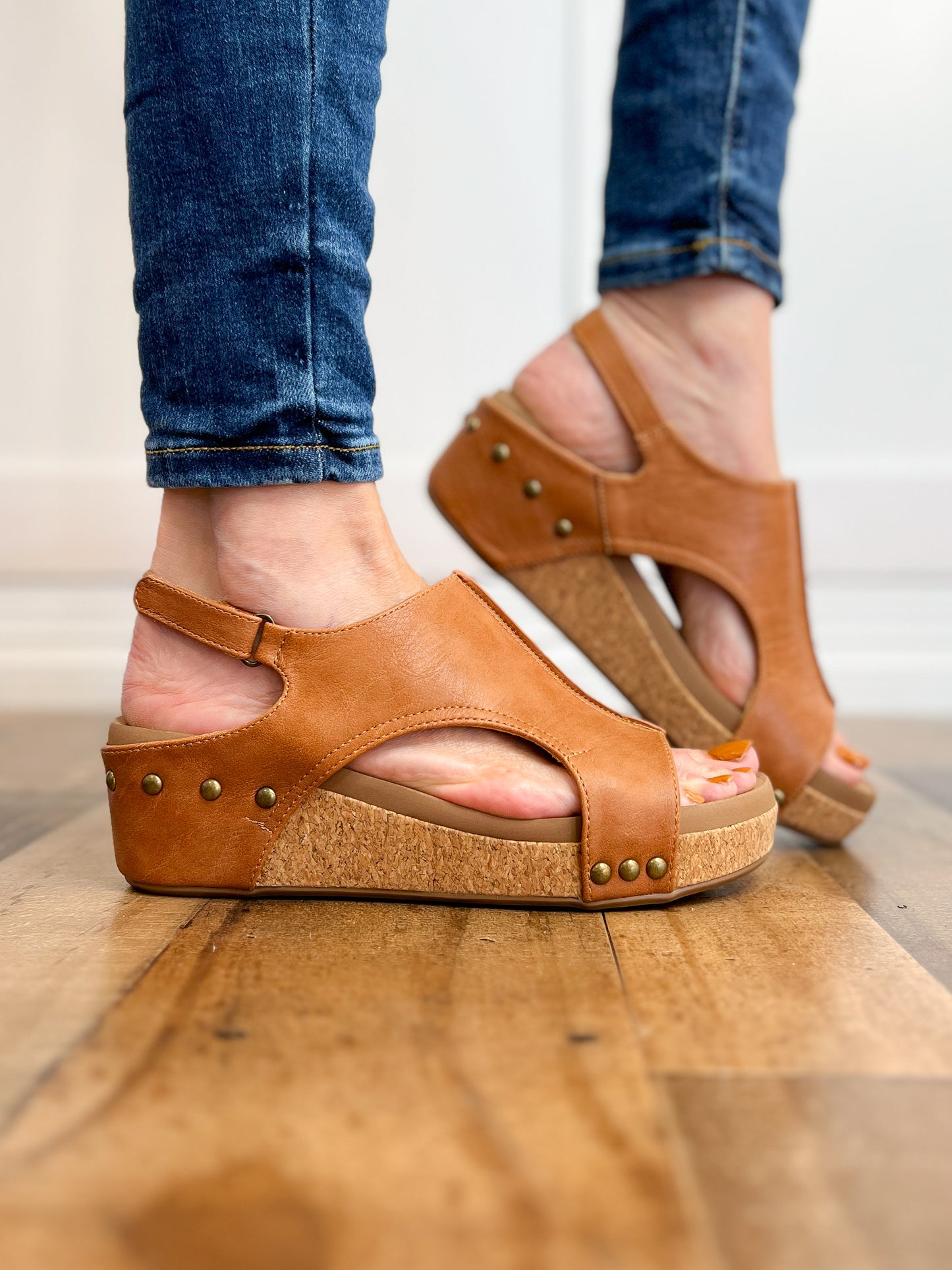 Corkys Volta II Wedge Sandals in Cognac Smooth