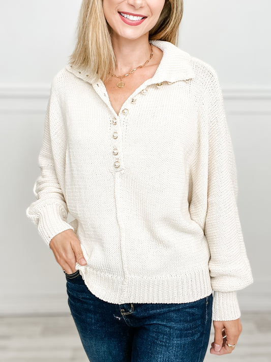 Dolman Sleeve Mock Neck Pearl Button Sweater