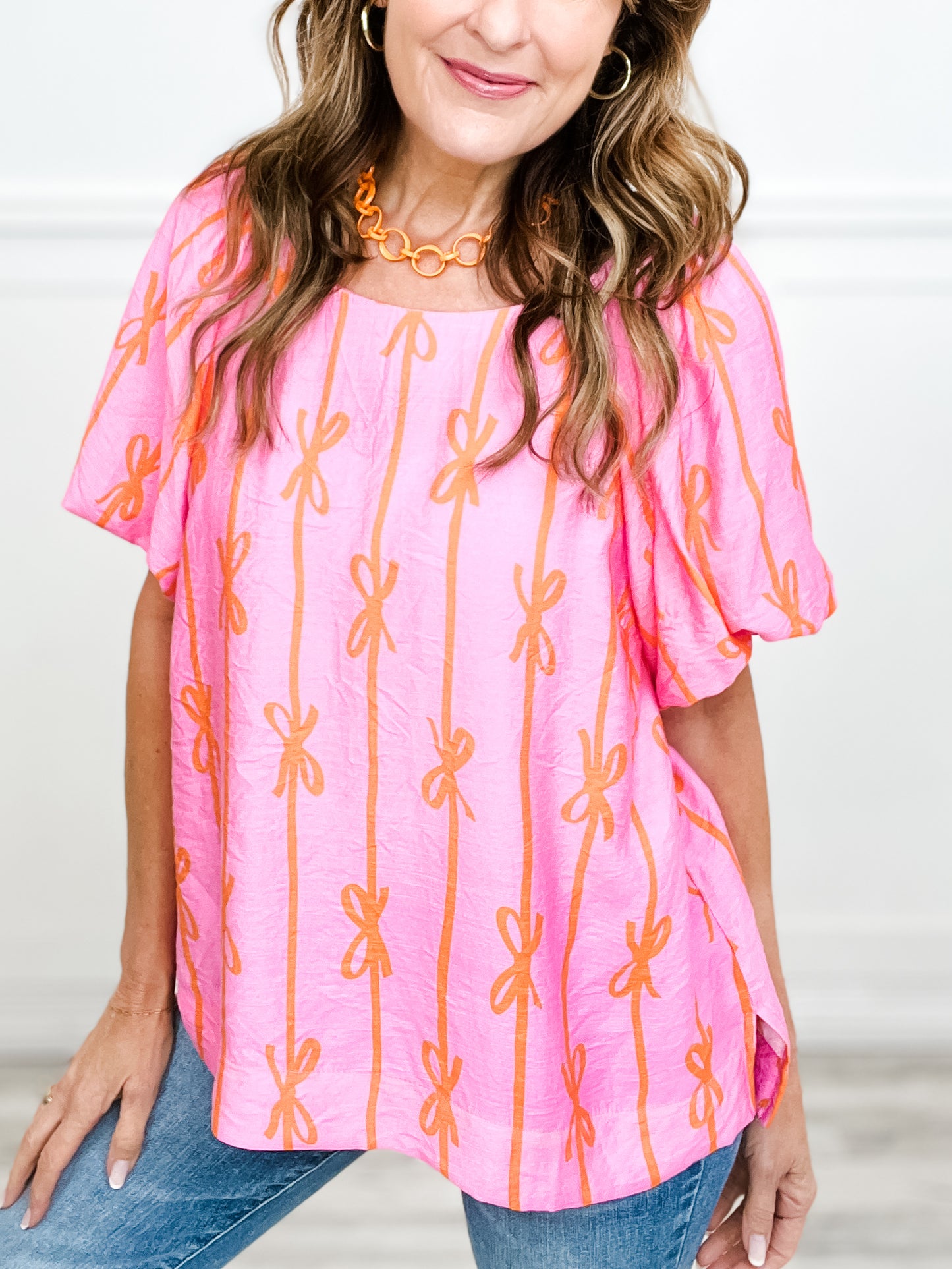 Summer Breeze Puffed Sleeve Top with Ribbon Print