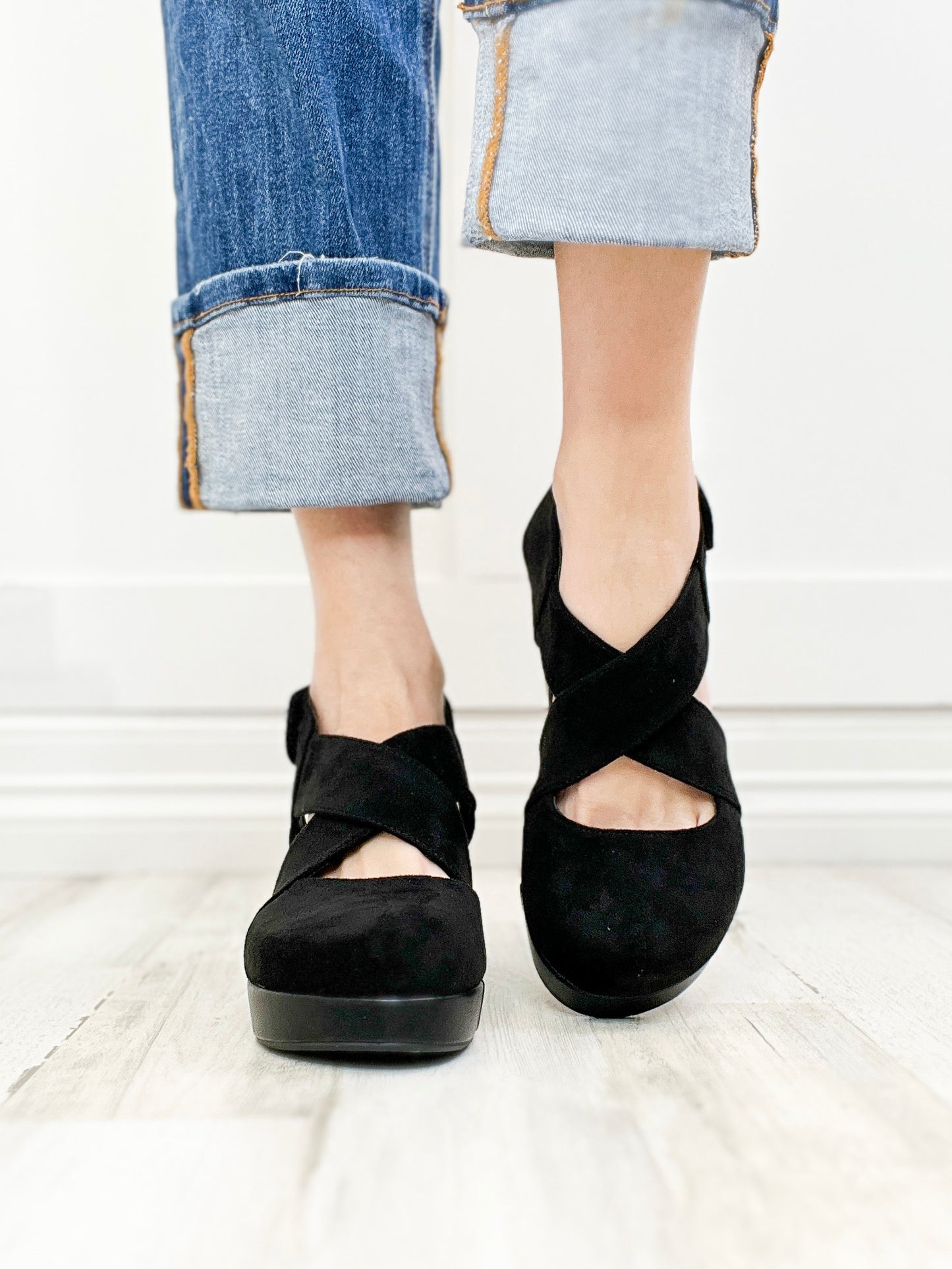 Corkys Case Closed Closed Toe Wedges in Black Faux Suede