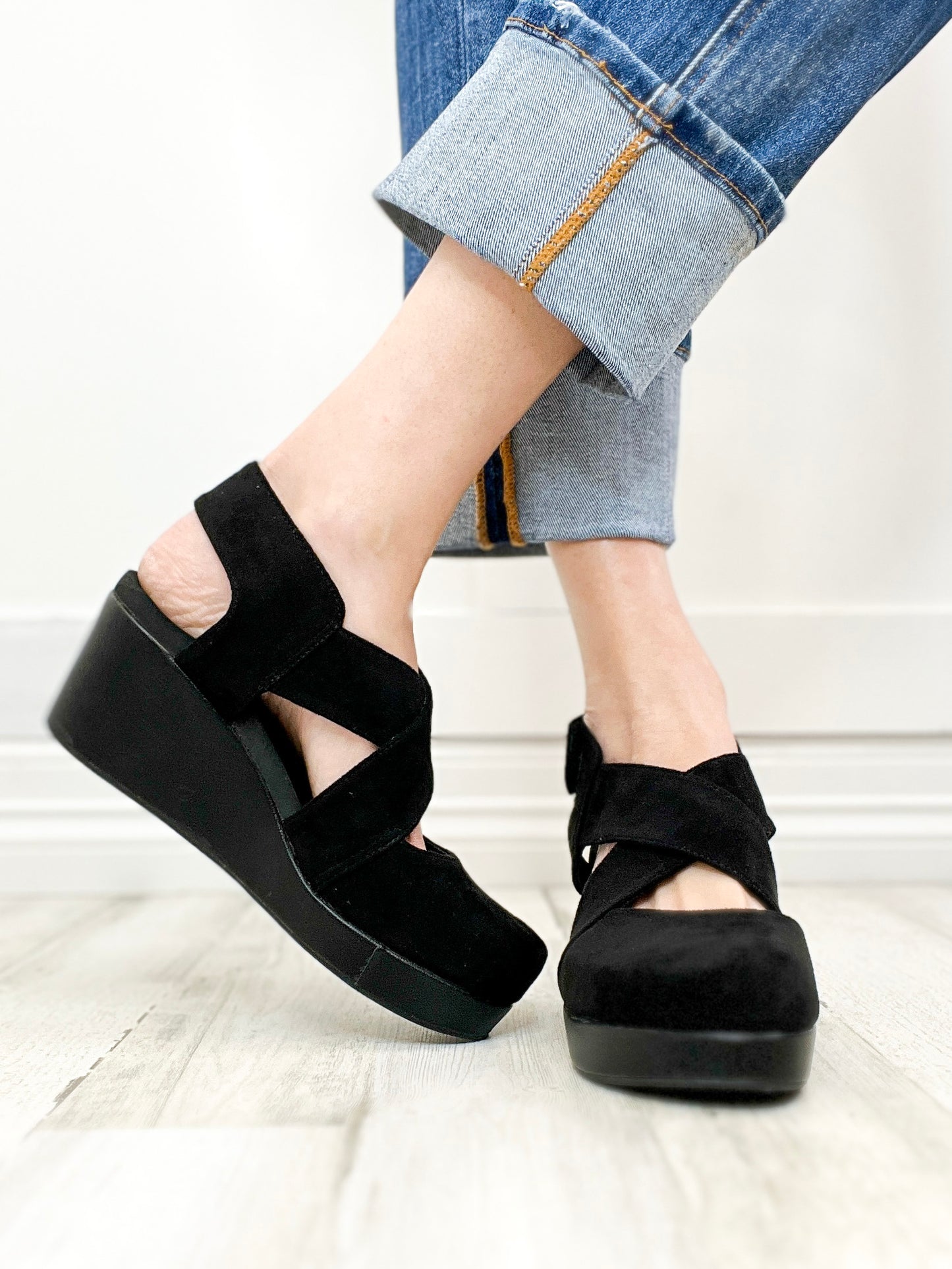 Corkys Case Closed Closed Toe Wedges in Black Faux Suede