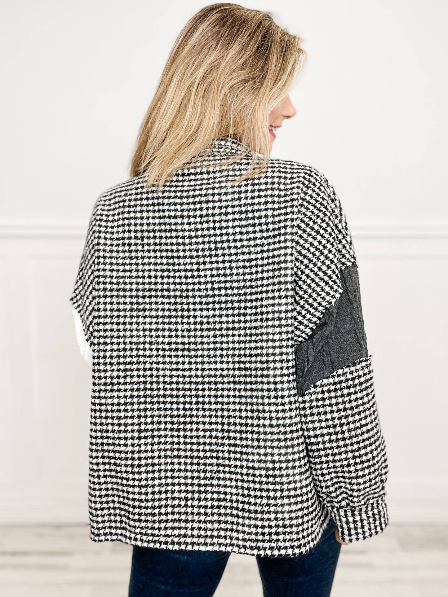 Houndstooth Sweater Panels Pocket Front Shacket