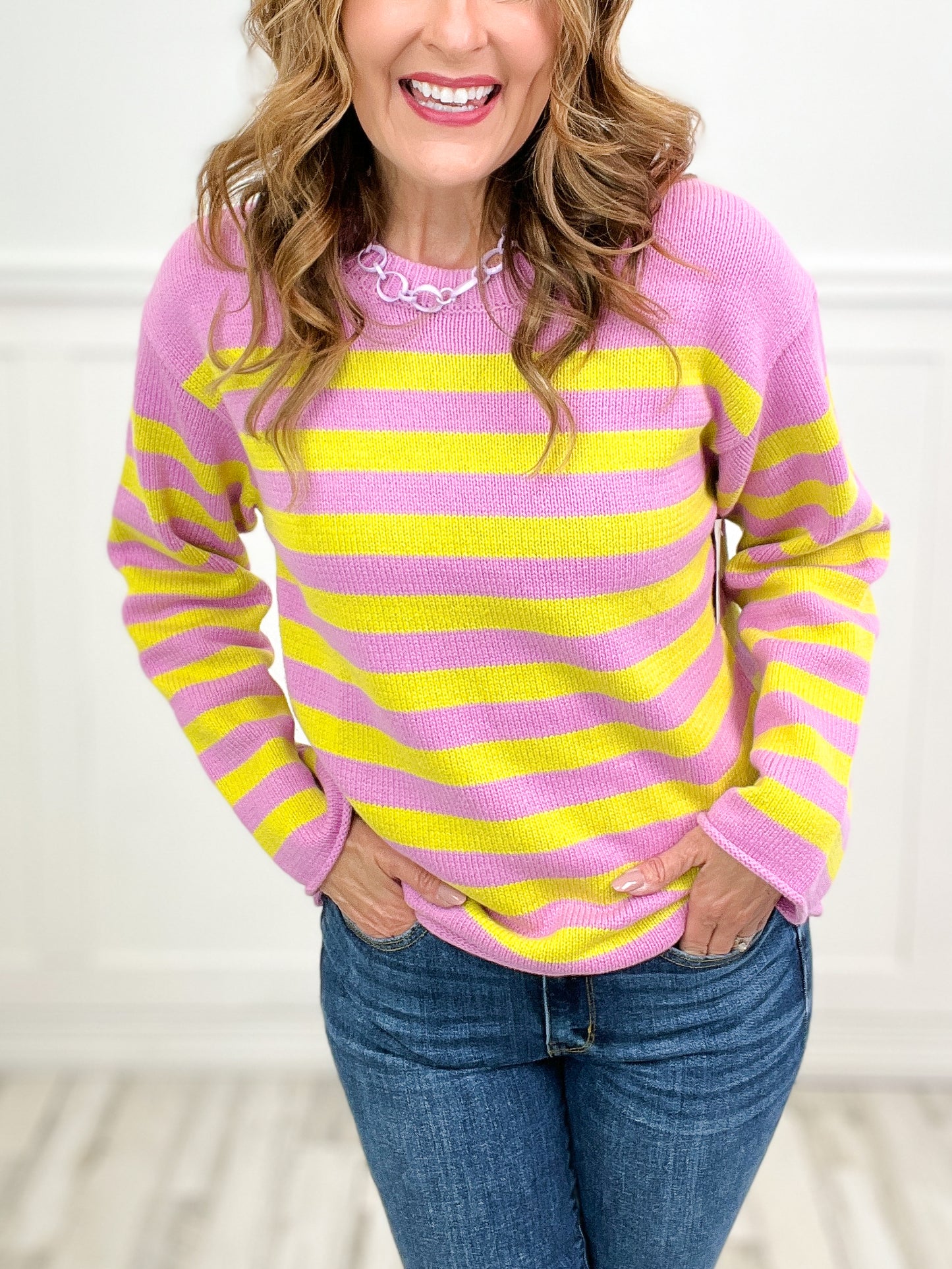 Round Neck Sweater Top with Stripes