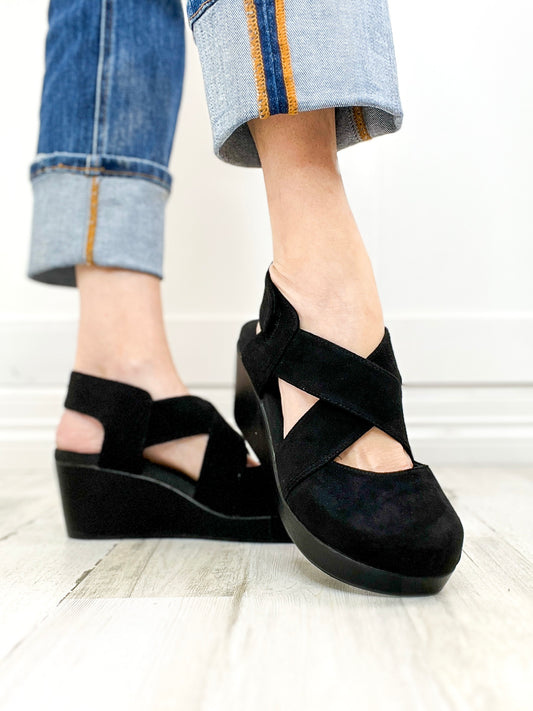 Corkys Case Closed Closed Toe Wedges in Black Faux Suede