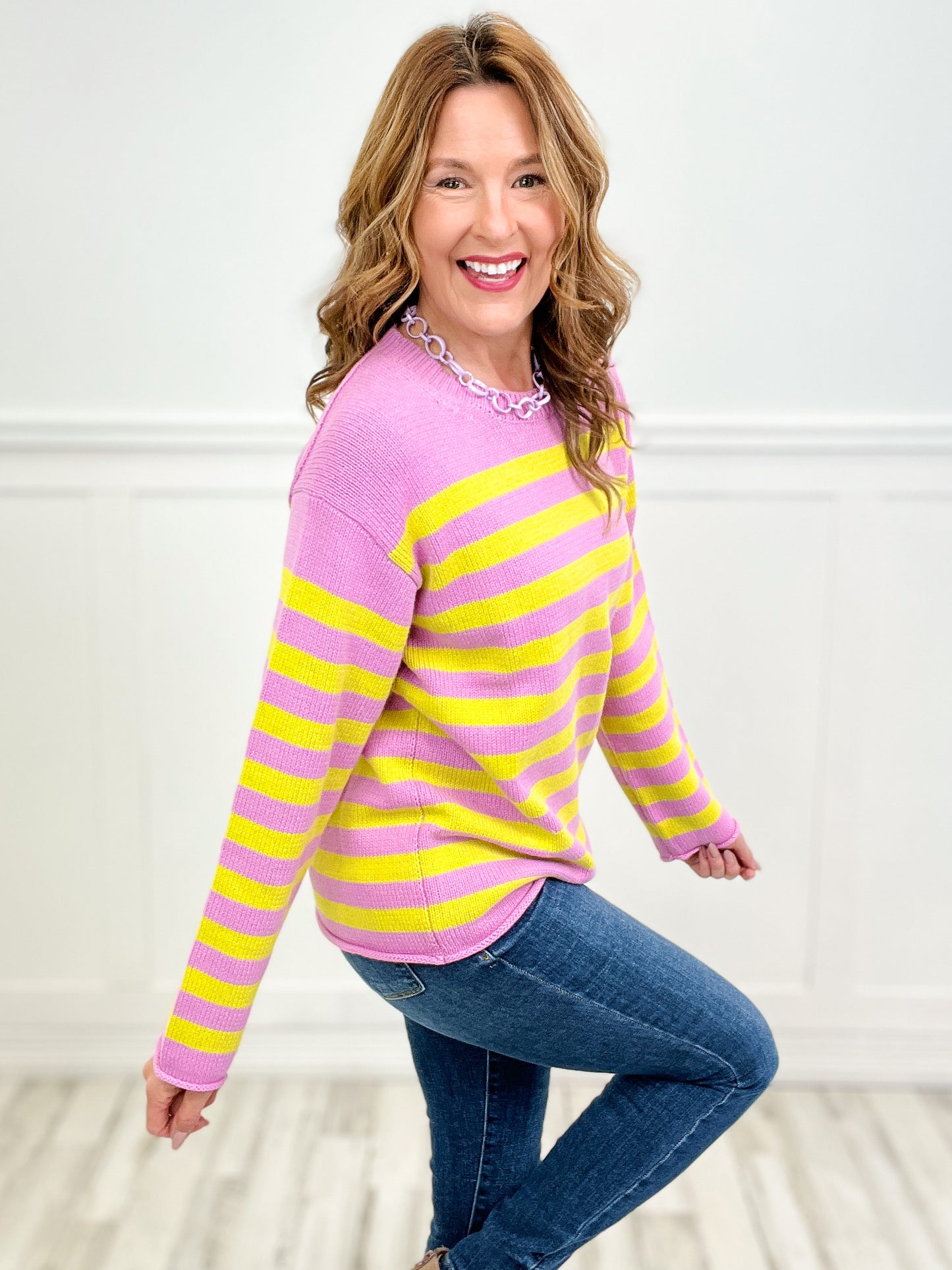 Round Neck Sweater Top with Stripes