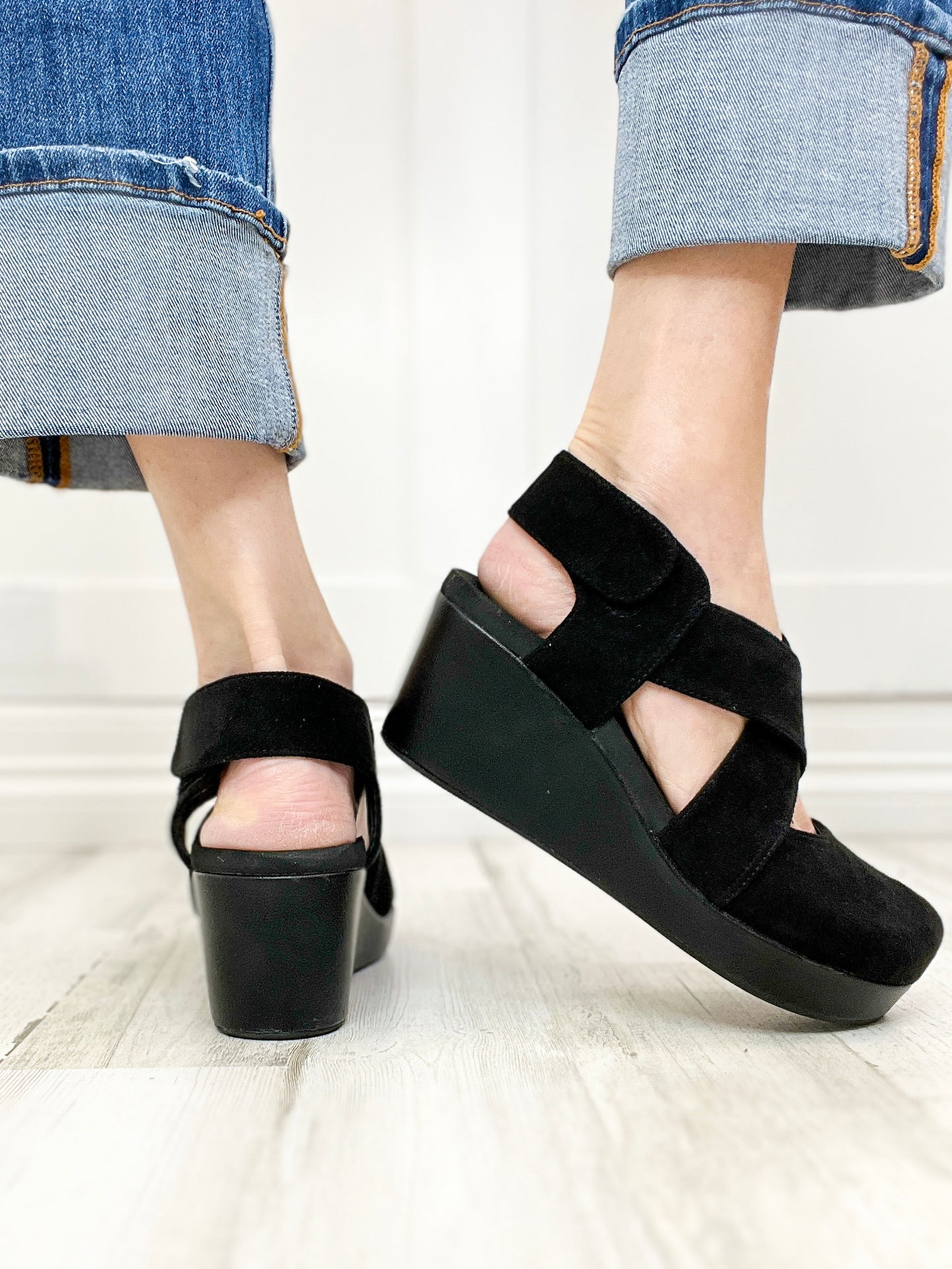 Corkys Case Closed Closed Toe Wedges in Black Faux Suede