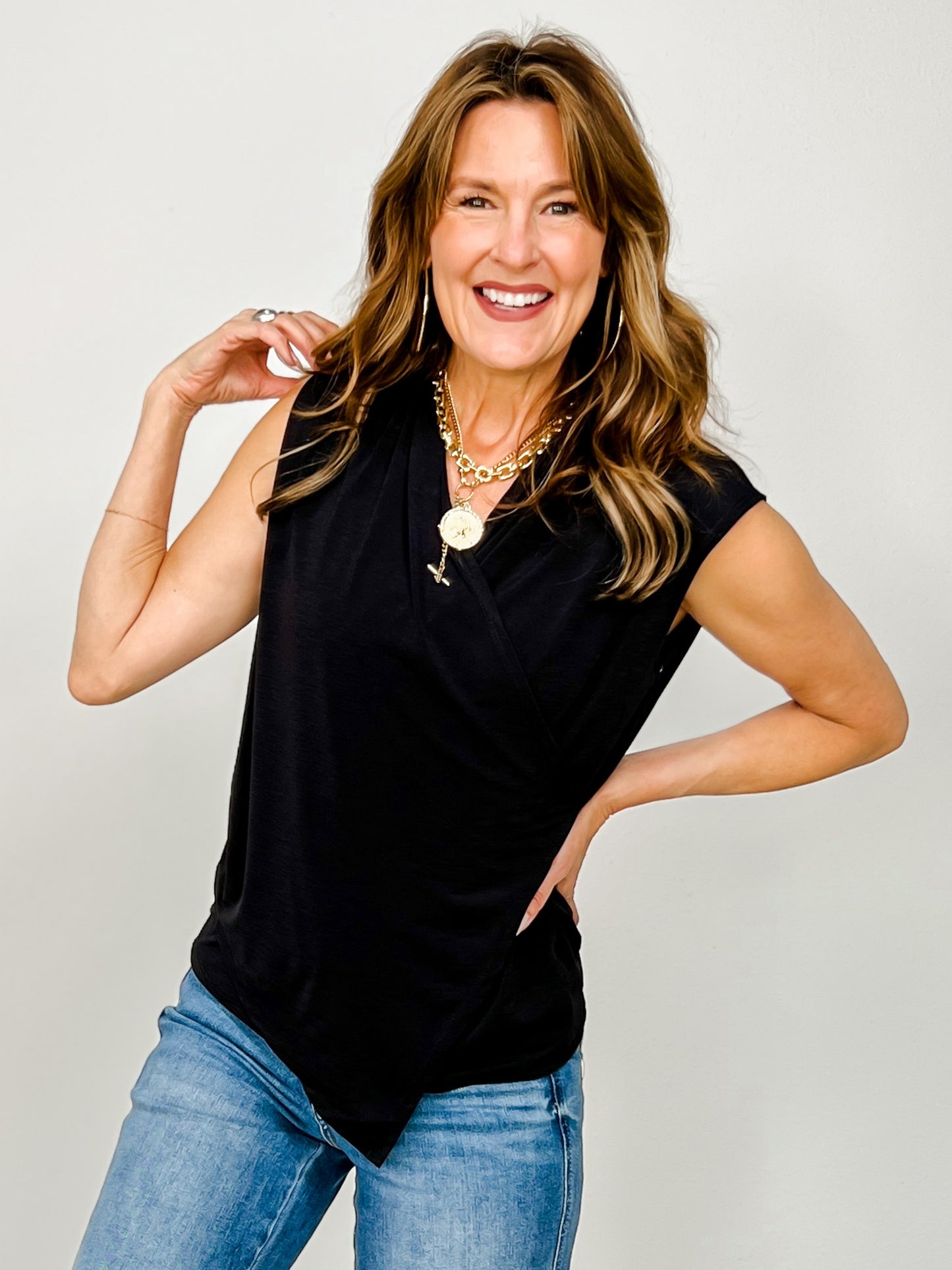 Cap Sleeve Surplice Wrinkle-Free Top