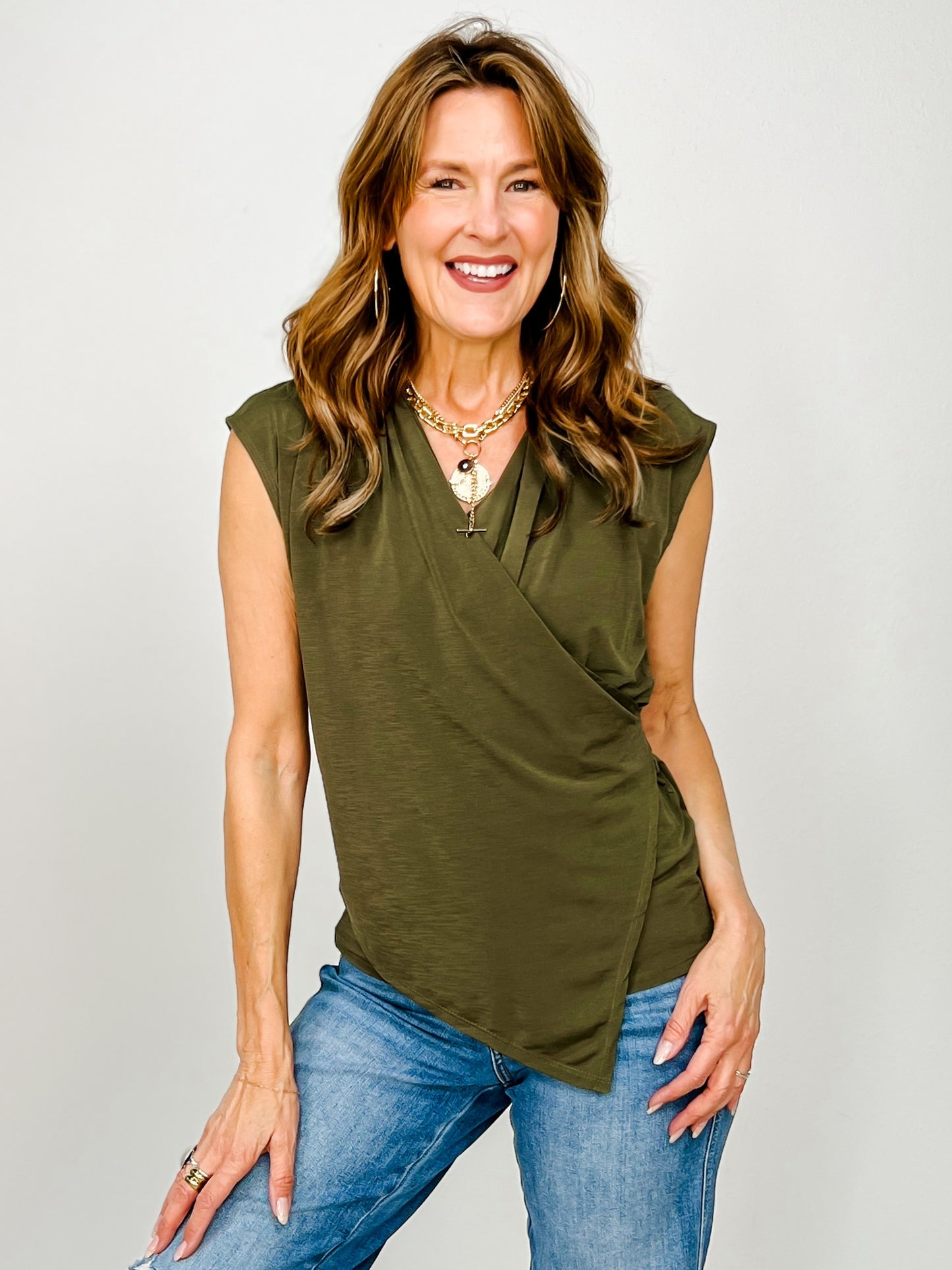 Cap Sleeve Surplice Wrinkle-Free Top