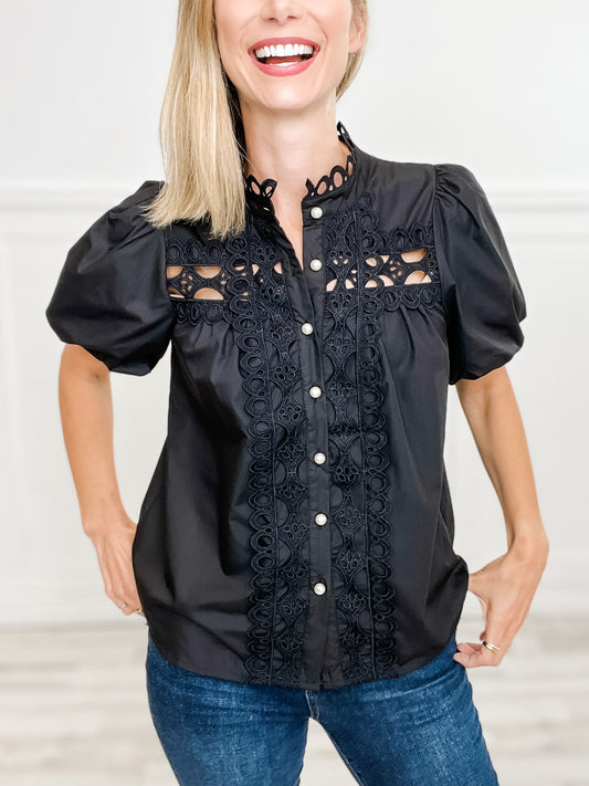 Short Puff Sleeve Button Down Top with Pearl and Lace Embellishments