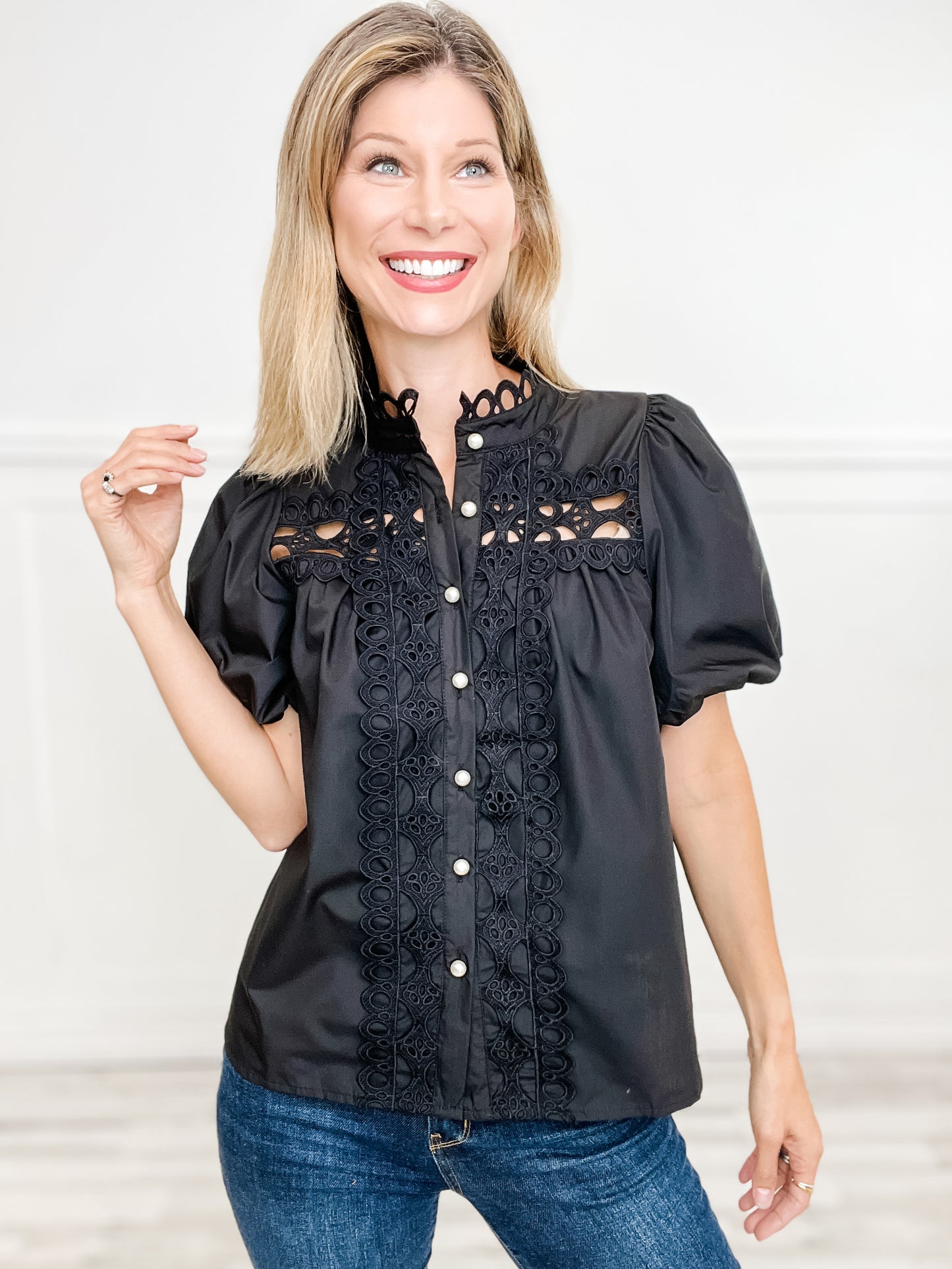 Short Puff Sleeve Button Down Top with Pearl and Lace Embellishments