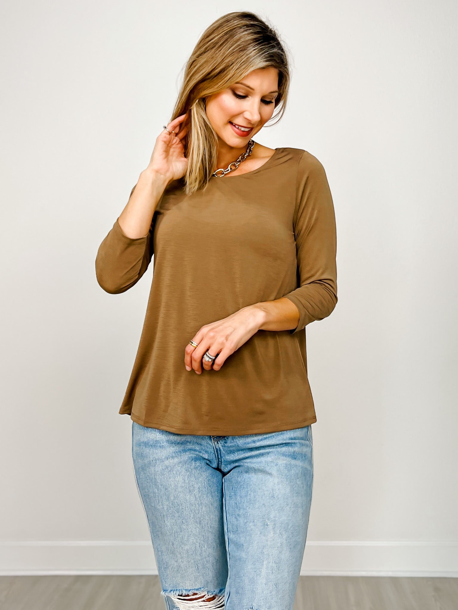 Classic Poly Blend Round Neck Top with 3/4" Sleeves