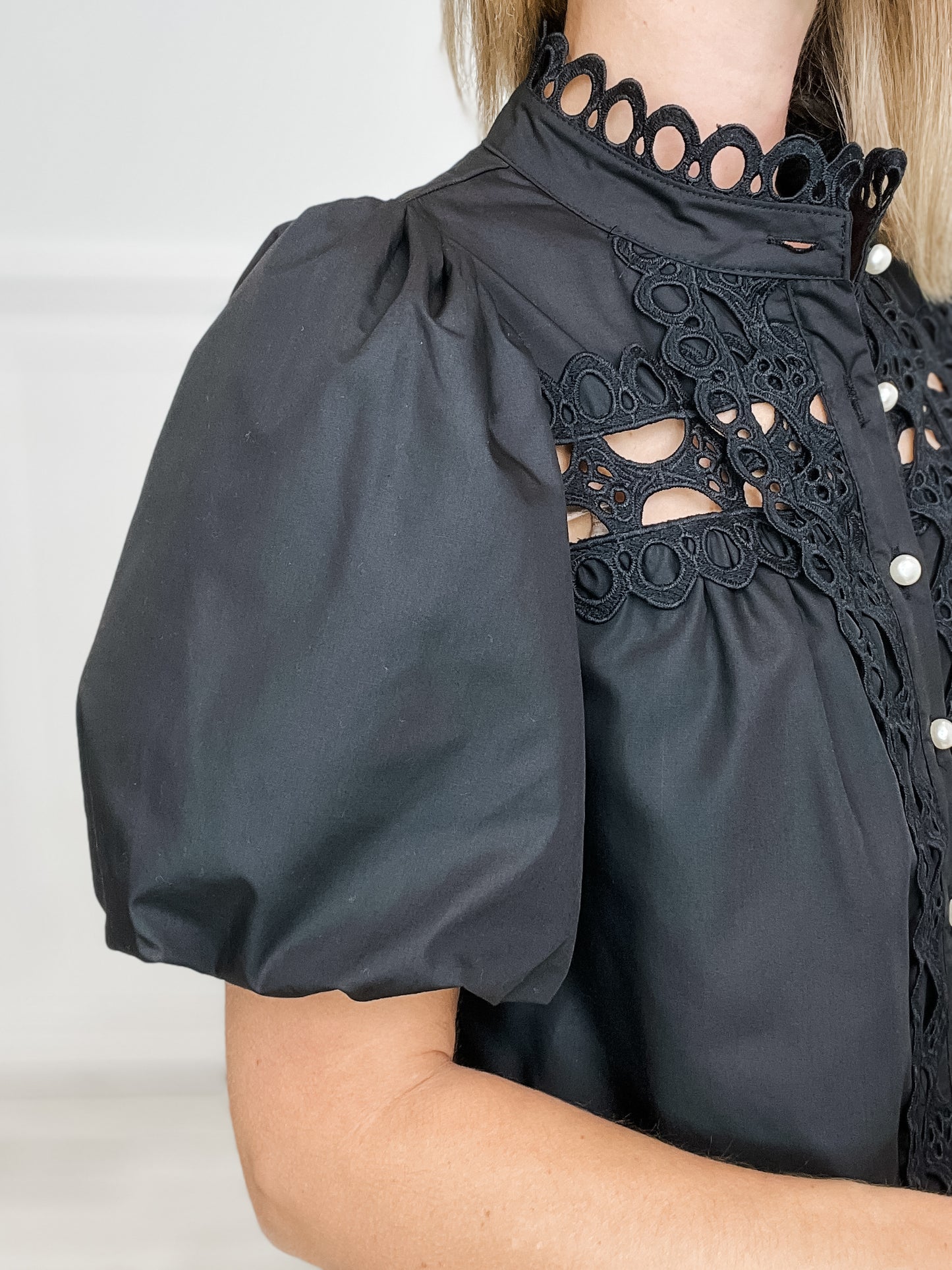 Short Puff Sleeve Button Down Top with Pearl and Lace Embellishments