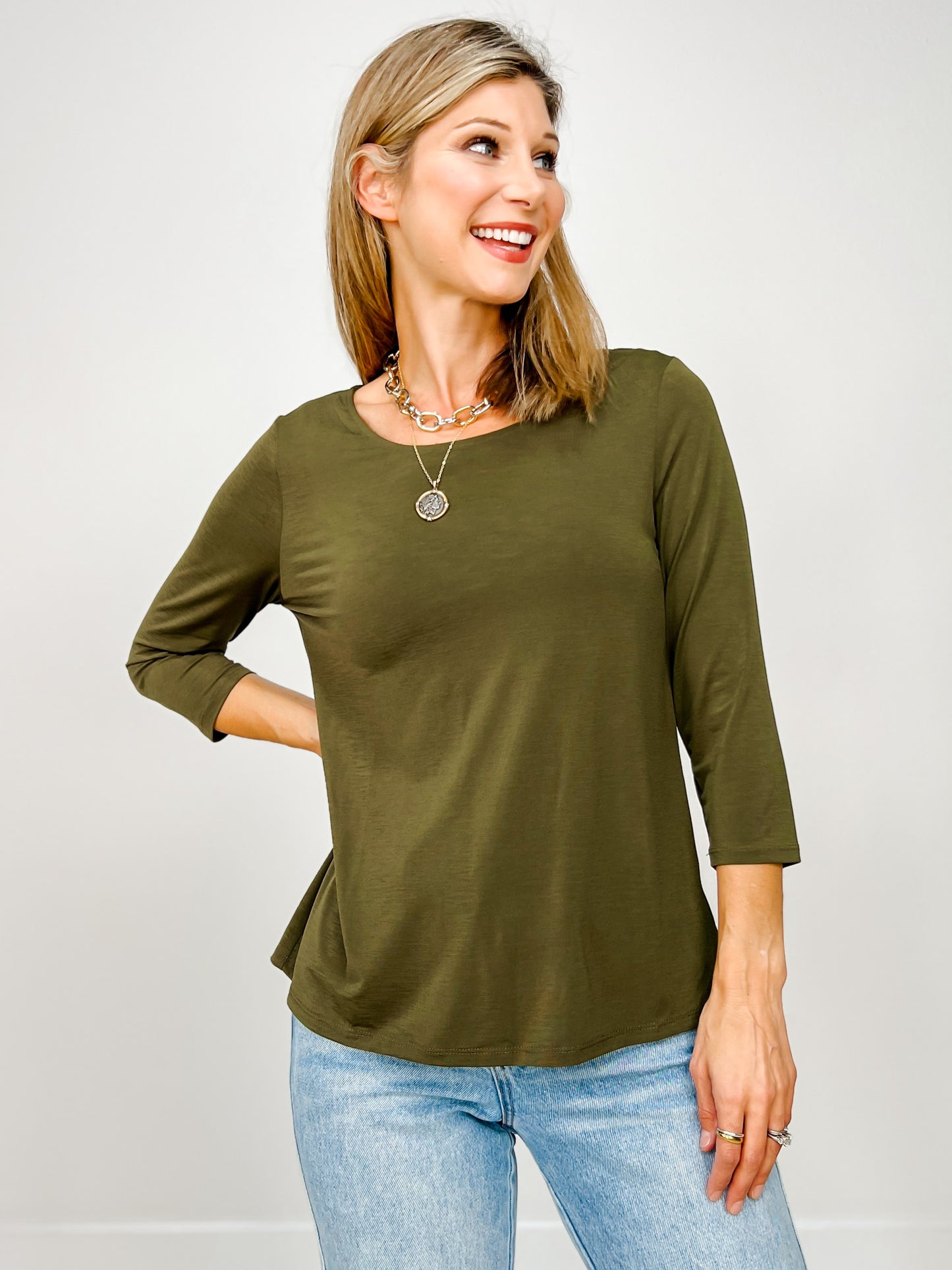 Classic Poly Blend Round Neck Top with 3/4" Sleeves