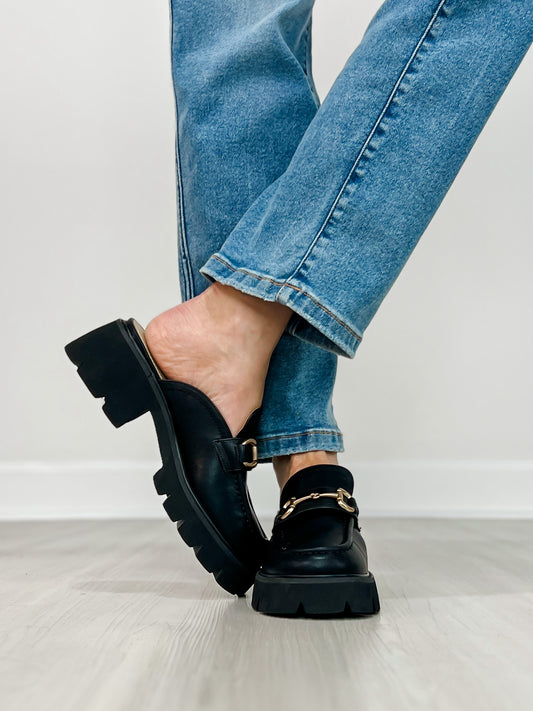 Lynn Chunky Platform Horsebit Slip On Loafer Mule in Black