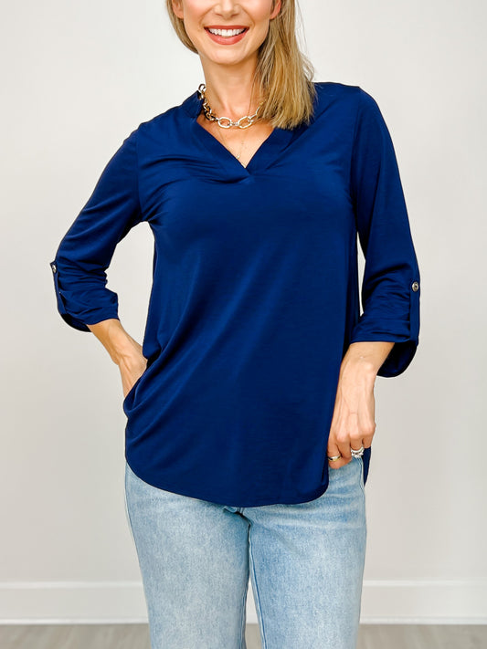 Lizzy 3/4" Length Sleeve Top with Mandarin Collar and Split Neckline in Navy