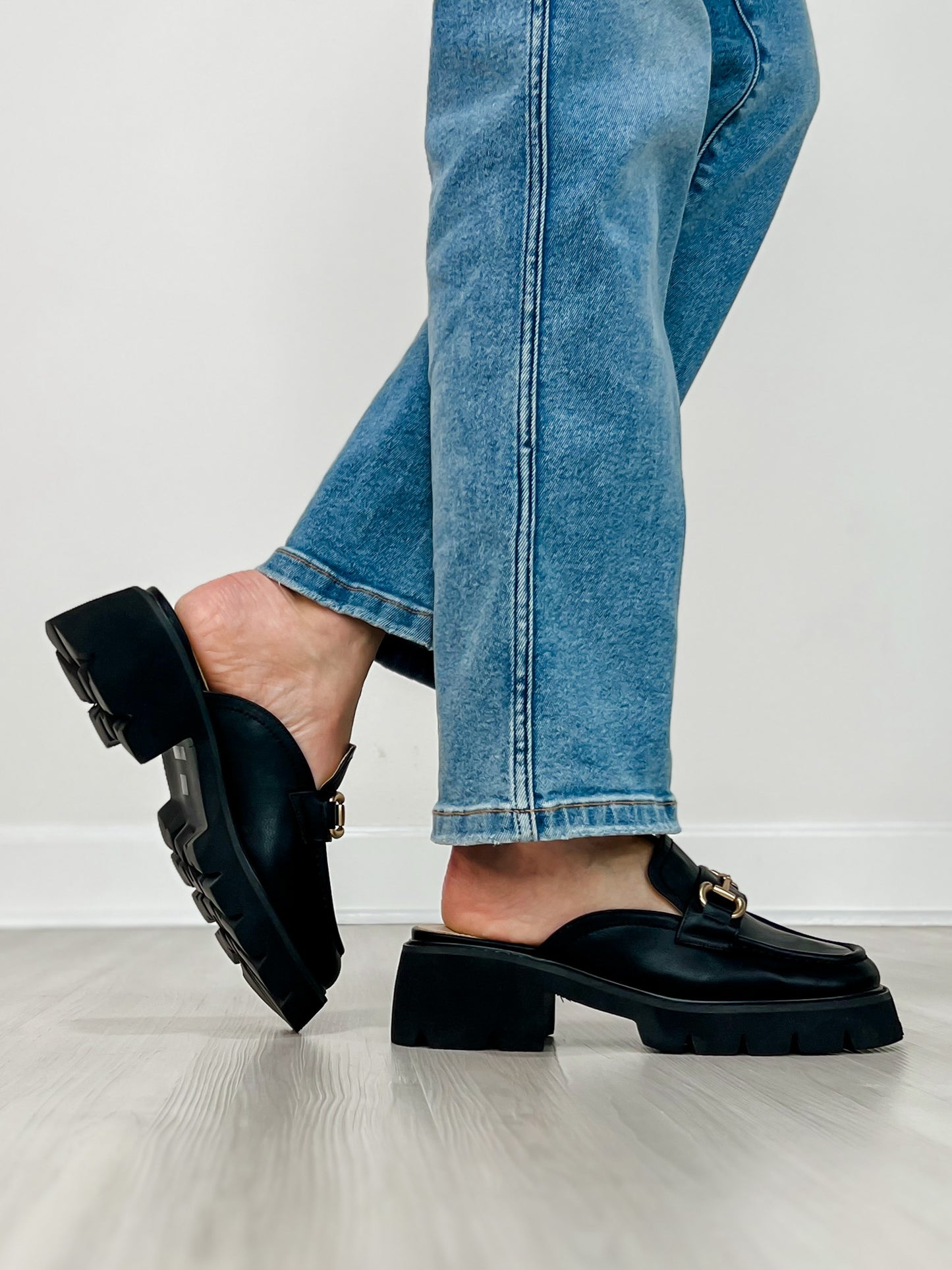 Lynn Chunky Platform Horsebit Slip On Loafer Mule in Black