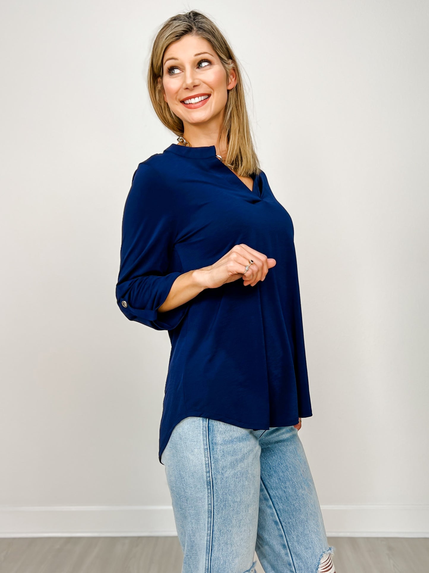 Lizzy 3/4" Length Sleeve Top with Mandarin Collar and Split Neckline in Navy