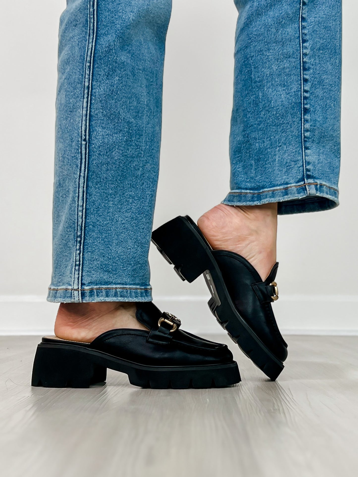 Lynn Chunky Platform Horsebit Slip On Loafer Mule in Black